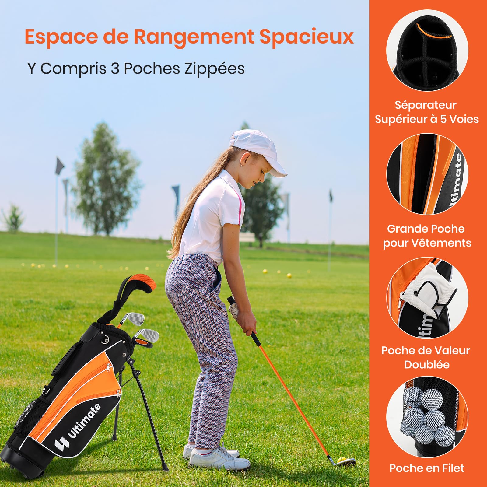GYMAX Ensemble Complet de Clubs de Golf pour Enfants, #3 Fairway, #7 & #9 Fers, Putter, Sac de Golf Trépied Housse Protecteur de Pluie, Couvre-tête, pour Droitiers Juniors 11-13 Ans