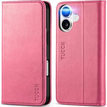 TUCCH Leather Case for iPhone 16 Mobile Phone Case Flip Case Rose Red
