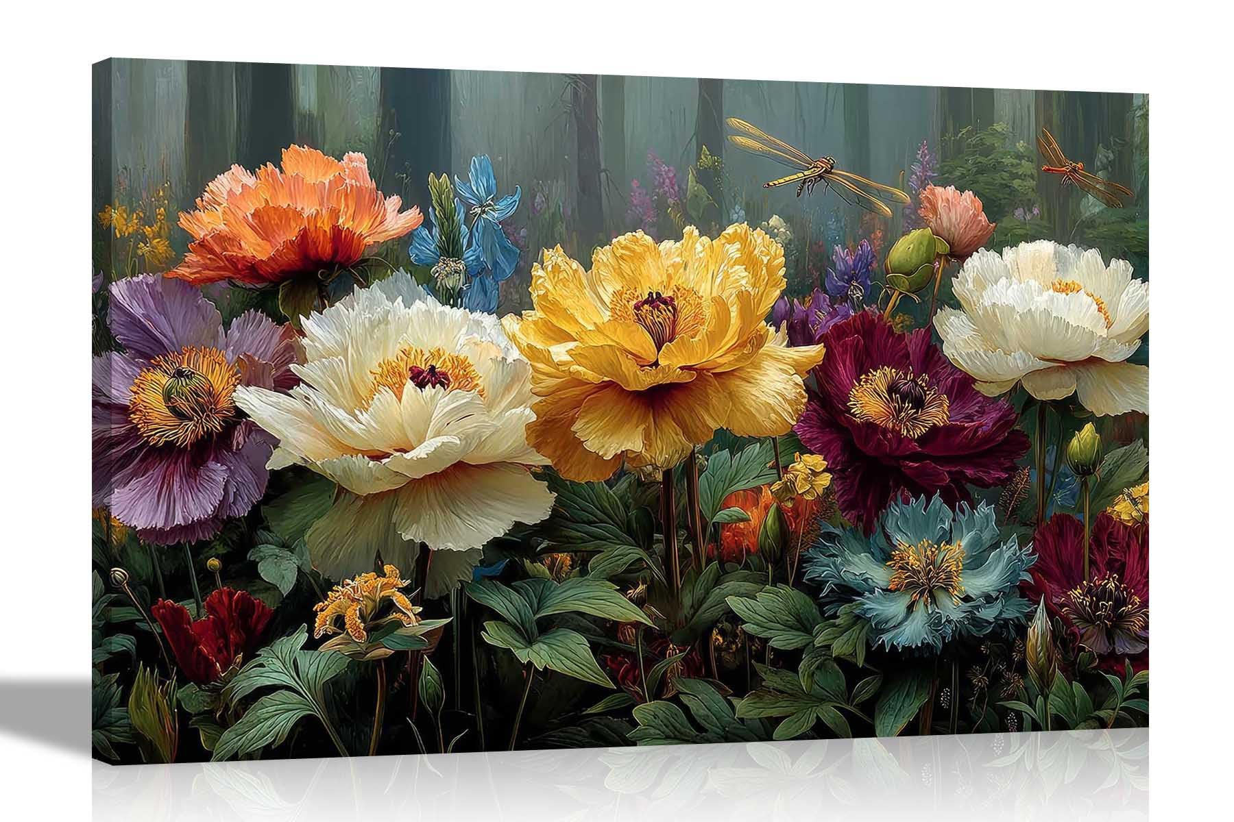 Artley Prints - Colourful Flower Forest Flying Dragonflies Canvas Wall Art Prints Home Decor Living Room Bedroom Pictures 76 x 50cm (30 x 20 inches)