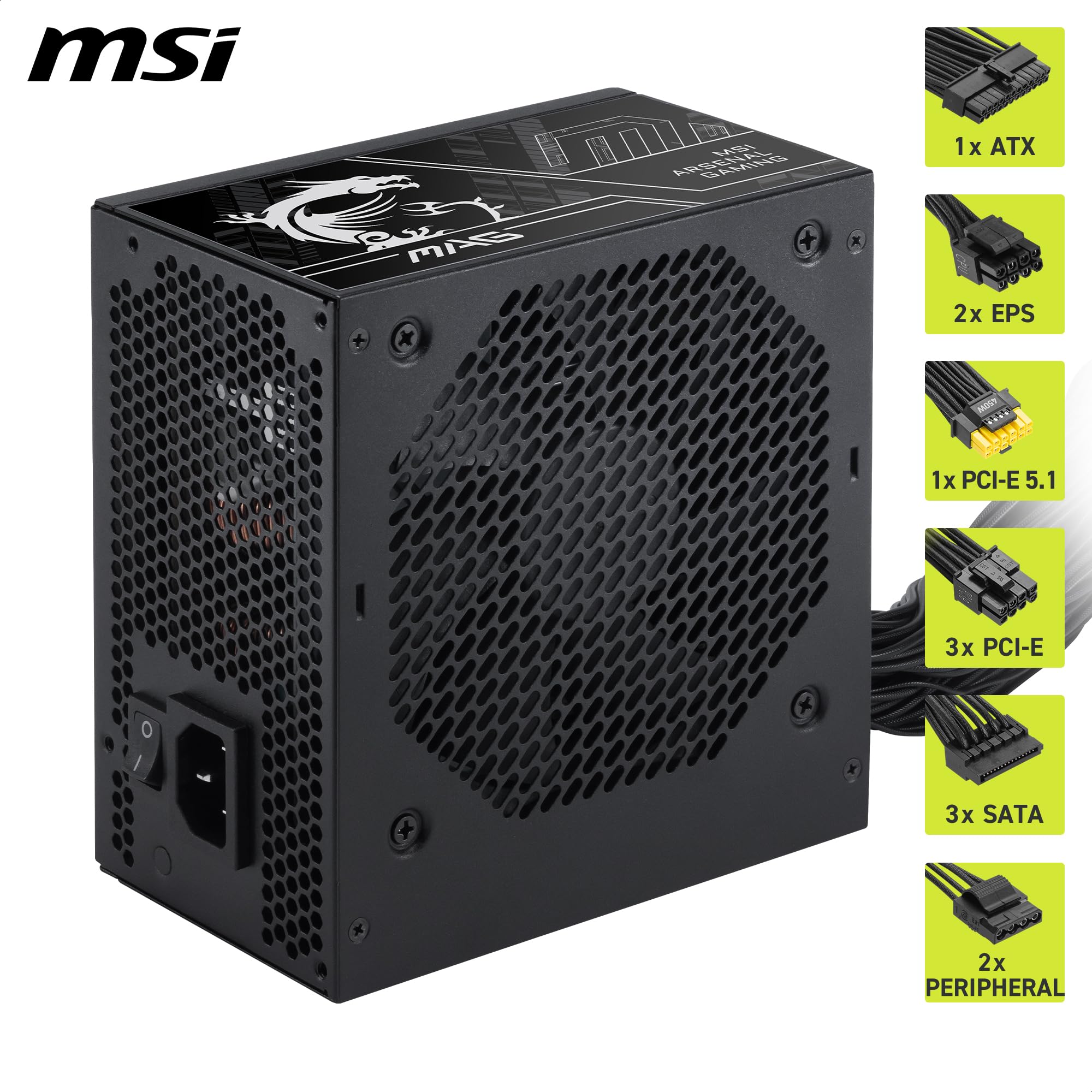 MSI mag A650BN PCIE5 III, Fuente de alimentación no Modular para Juegos de 650 W, Bronce 80+, Cables duales de 12 V-2 x 6, Condensador de Grado de Servidor, Listo para ATX 3.1 y PCIe 5.1, bajo Ruido