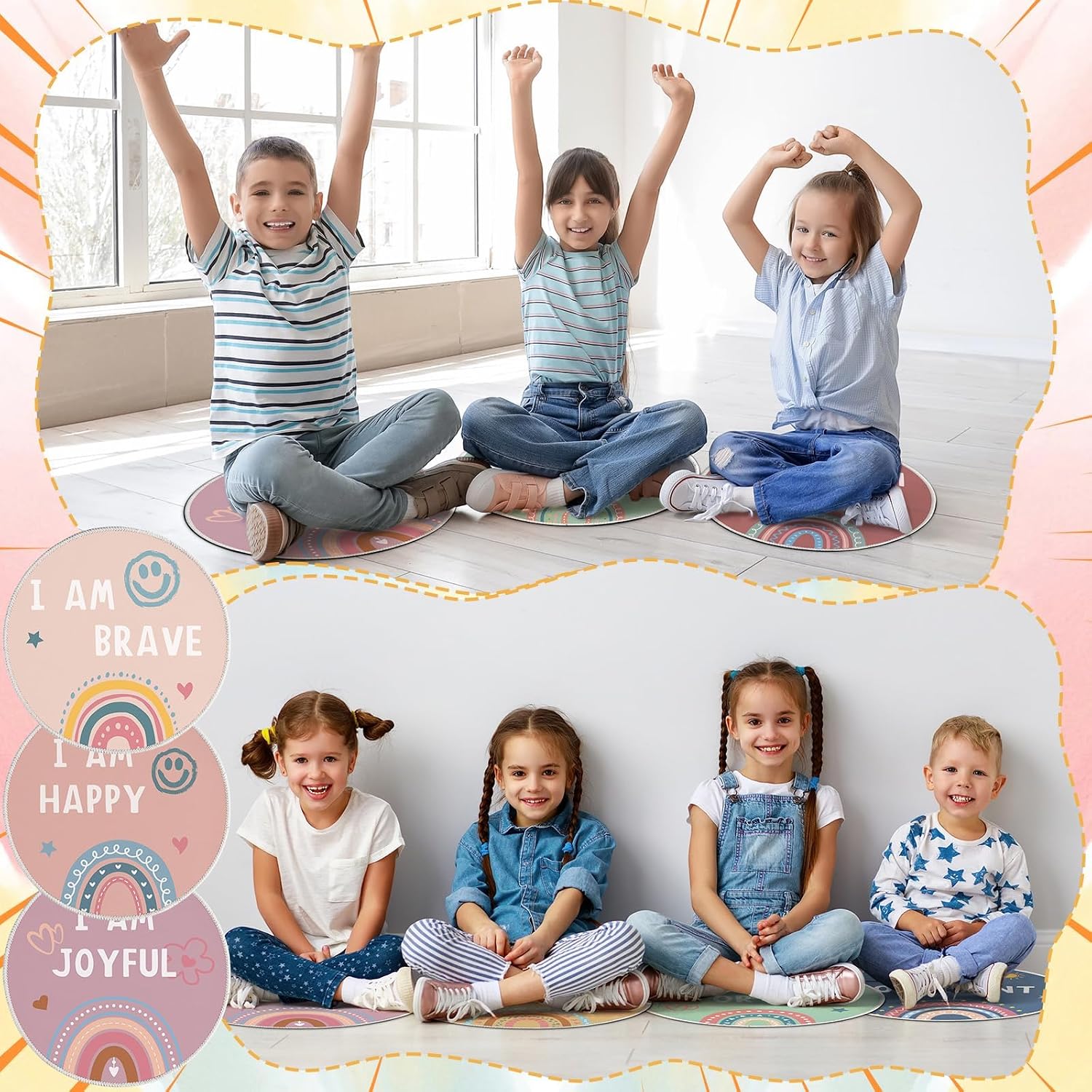 OBUSATT 12Pcs Carpet Circle Seats 15 Inch Positive Affirmations Round Classroom Rug Non Slip Floor Cushions Mat for Back to School Nursery Learning Calming Corner Playing Areas Decor(Boho Rainbow)