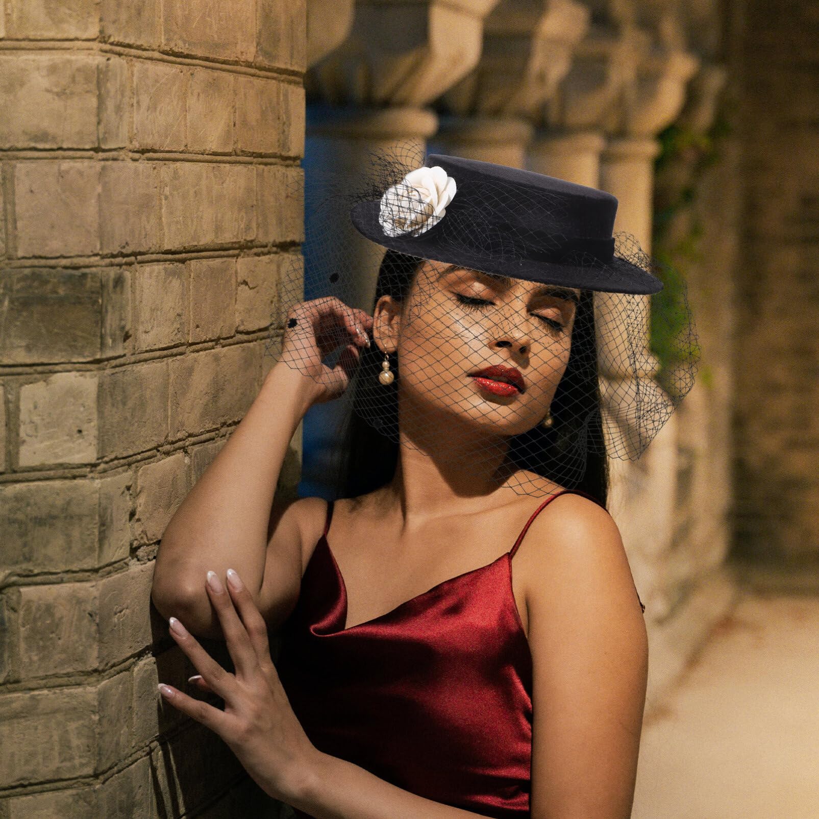 PACKOVE Cappello Donna Cerimonia Elegante in Nero a Tesa Larga