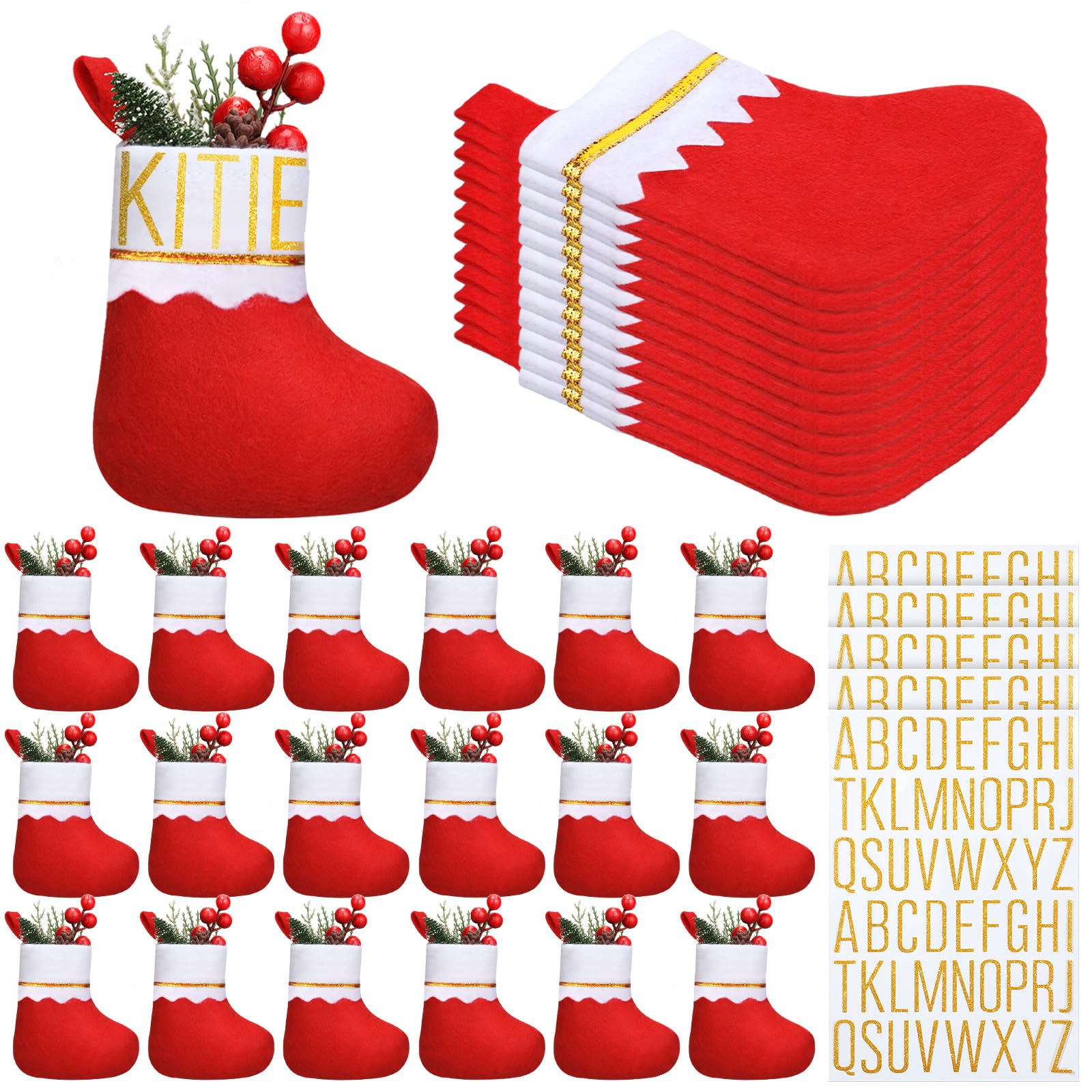 Realspring 36 Pcs 7.5 Inch Christmas Stockings Bulk Red with 15 Sheets Self Adhesive Letters Stickers Kit Felt Mini Christmas Stockings Xmas Tree Hanging Ornaments for Holiday DIY Craft Stocking Bags