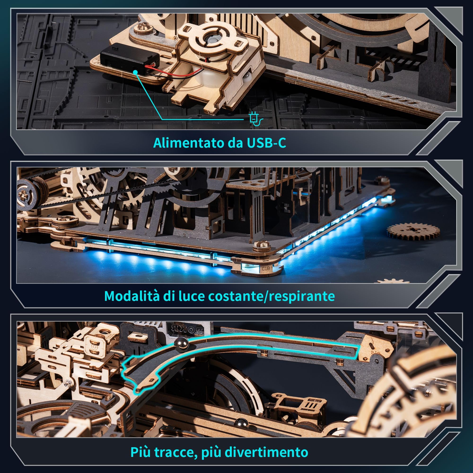 ROBOTIME LGC01+LGA01+LG01 3-in-1 Puzzle 3D in Legno Piste per le Biglie Modellismo da Costruire Adulti, Marble Run Wooden Puzzle, LED Elettrico Regalo di Compleanno Uomo, LGX02 (=LGC01+LGA01+LG01)