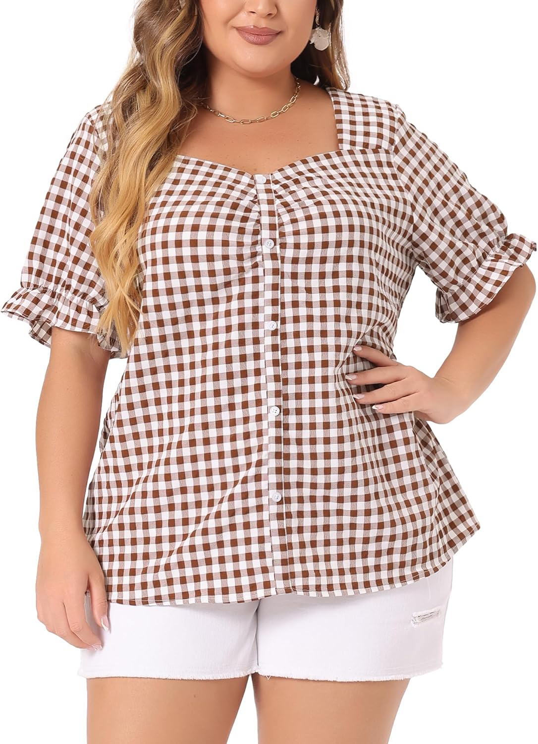 Agnes Orinda Women's Plus Size Gingham Tops 1950s Sweetheart Neck Flounce Sleeve Summer Blouse Top