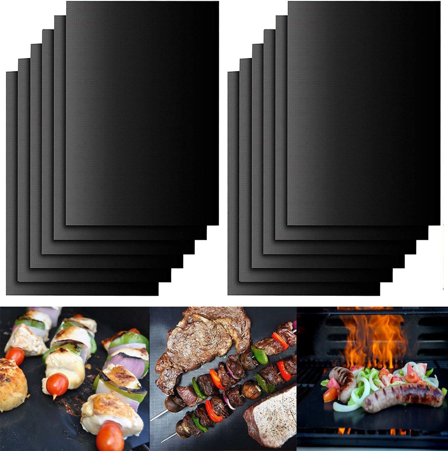 Rubik 10pcs Reusable Non-Stick BBQ Grill Mat Pad Baking Sheet Portable Outdoor Picnic Cooking Barbecue Accessory Works on Electric Grill Gas Charcoal and More 40x33cm - Black