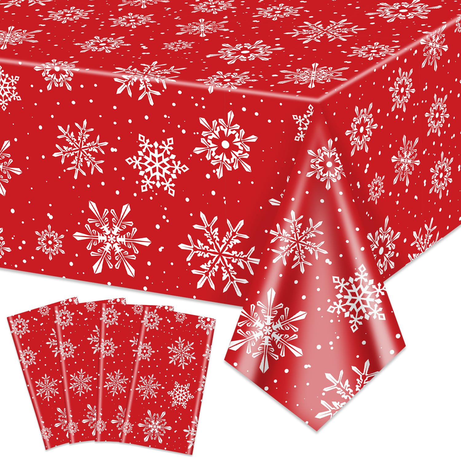 QUERICKY 4 Pack Winter Snowflake Tablecloths, 220x130cm Plastic Snowflake Table Cover Winter Wonderland Birthday Backdrop Decorations for Christmas Winter Holiday Party, Red