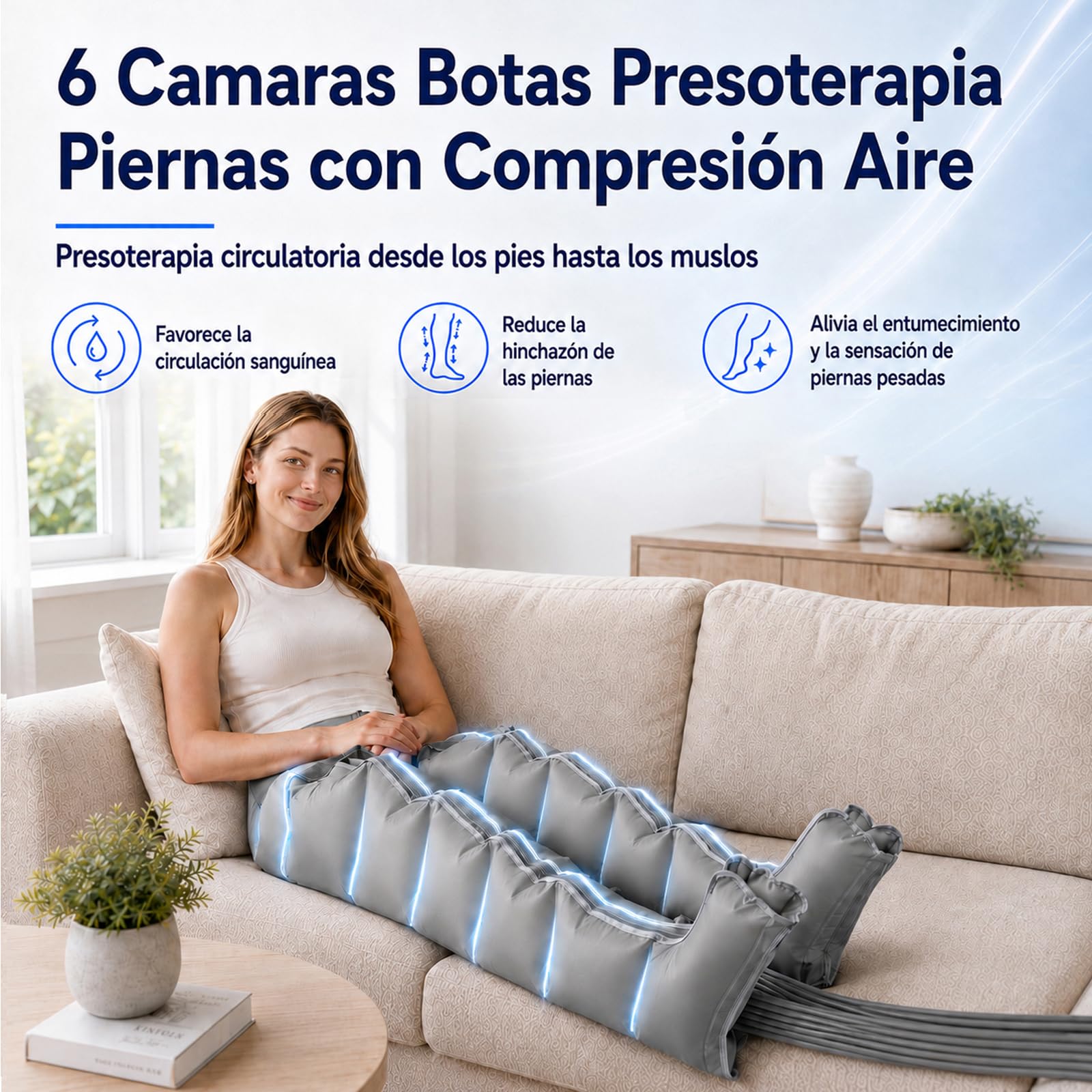 Presoterapia para Casa Masajeador de piernas 6 Cavidades |Masajeador de Piernas Doble Compresión de Aire| Masajeador de Pies y Piernas (Gris, Piernas L)