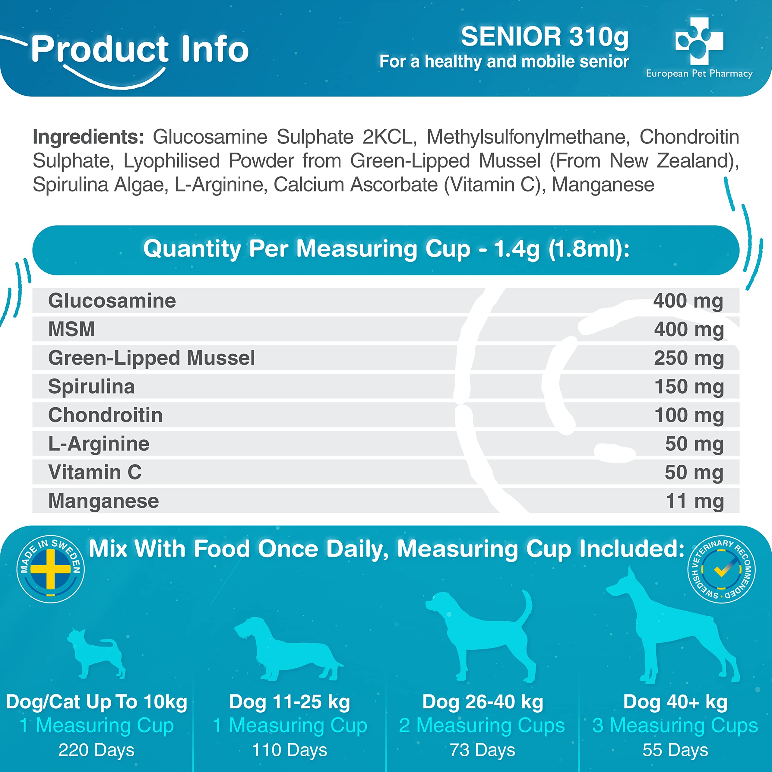 European Pet Pharmacy Suplement na Stawy dla Psów i Kotów – Bogata w Składniki Odżywcze Formuła z Małżą Nowozelandzką dla Regeneracji, Mobilności, Wszystkich Wieków (Senior - 310g)
