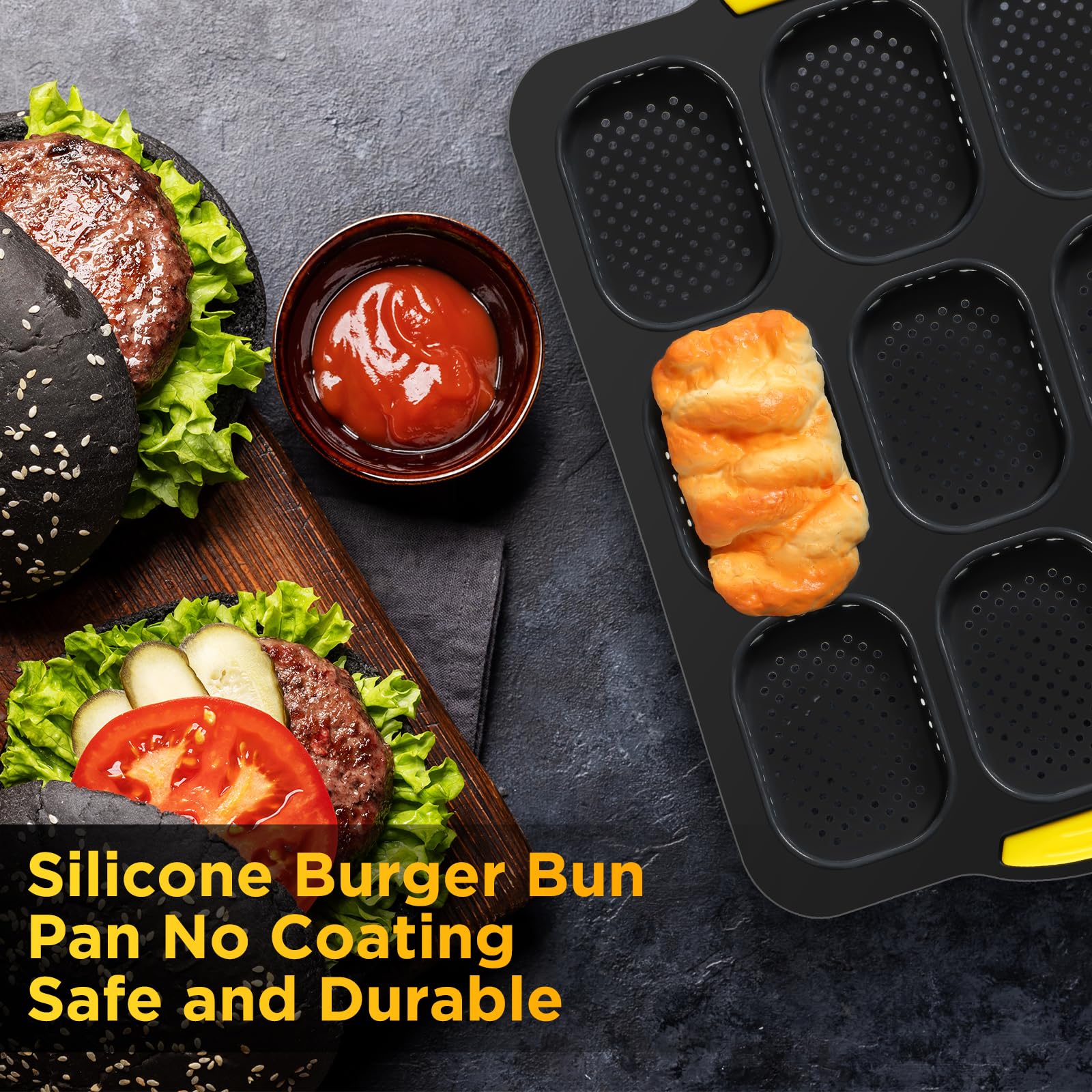 FillTouch Juego de 5 moldes de silicona para panecillos de hamburguesas de 4, 6, 9 tazas, con cepillo de espátula, antiadherentes, para hornear pan casero, bandeja para hornear sándwich, refrigerador,