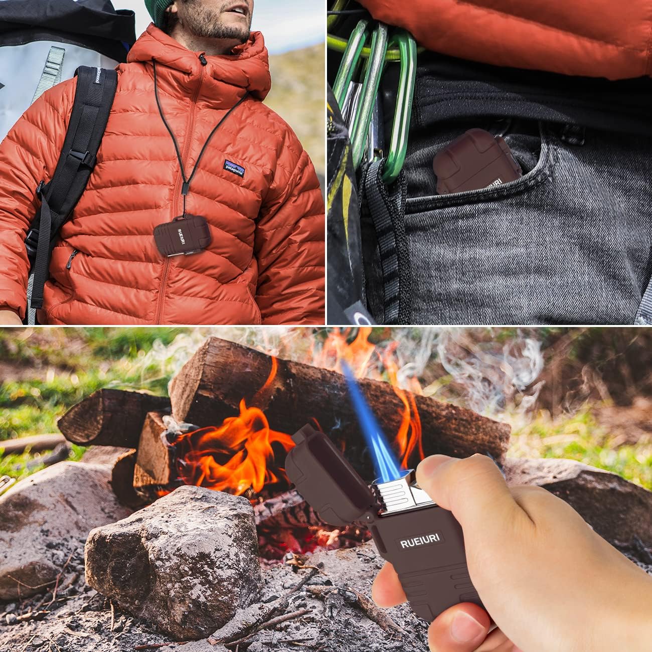 Torch Lighter Butane Lighter Waterproof Double Jet Lighter for Hiking Camping (No Butane) (Brown)