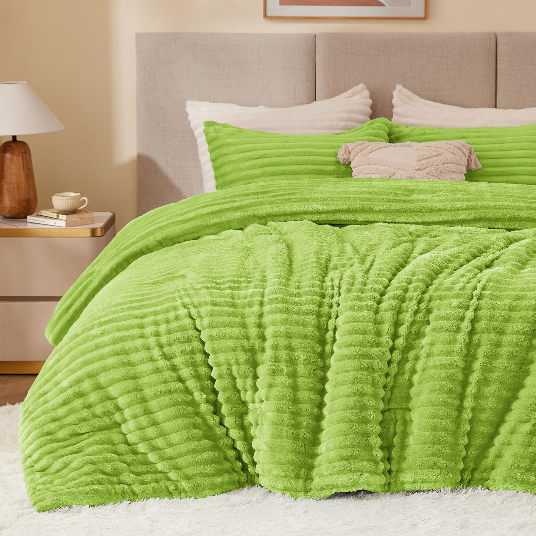 BEDELITE Fleece King Comforter Set -Super Soft &amp; Warm Fluffy Dark Citron Bedding, Luxury Fuzzy Heavy Bed Set for All Season with 2 Pillow Cases