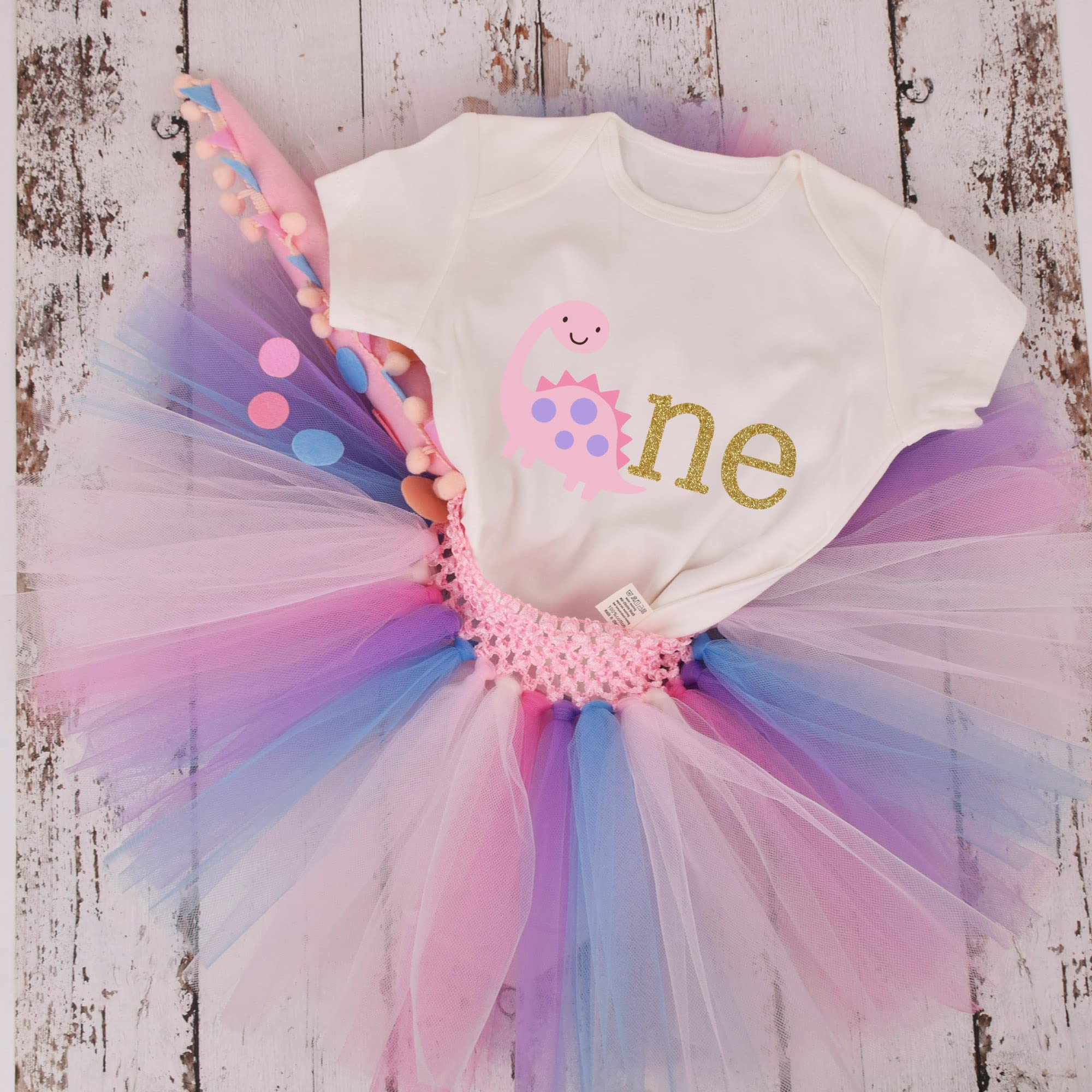 Purtulle Baby Girls Dino Birthday Tutu Outfit Infant Cotton Romper+Tutu Skirt+Dino Tail Cake Smash 3PCS Clothes Set (Pink, 9-12 mths)