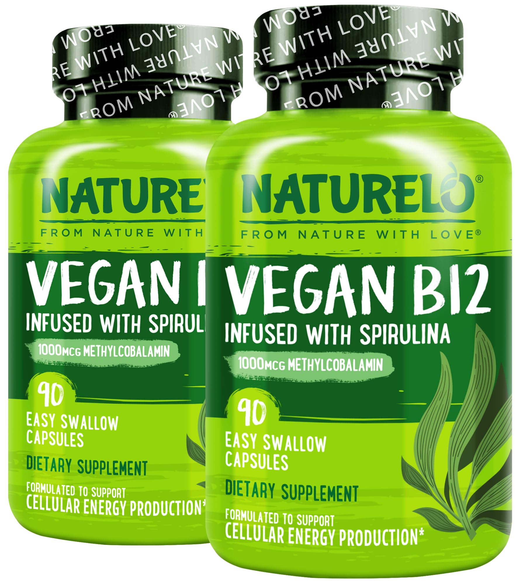 Vegan B12 - Methyl B12 with Organic Spirulina - High Potency Vitamin B12 1000 mcg Methylcobalamin - Supports Healthy Mood, Energy, Heart & Eye Health - 90 Capsules (Pack of 2)