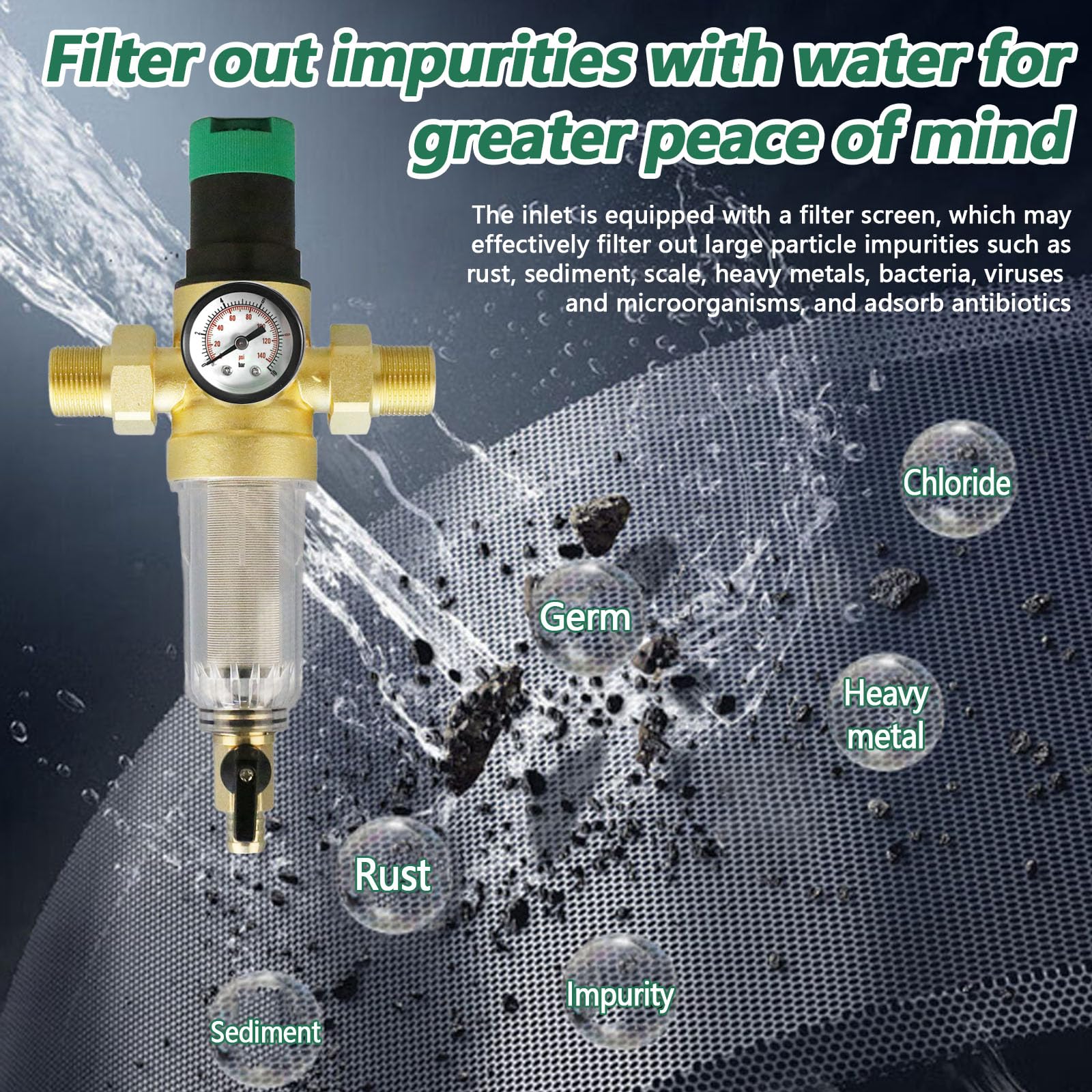 Rückspülfilter mit Druckminderer und Manometer, Wasserfilter 3/4 Zoll Hausanschluss Wiederverwendbare Druckminderer Wasserfilter Vorfilter Sedimentfilter Wasserdruckminderer Druckregler Messing