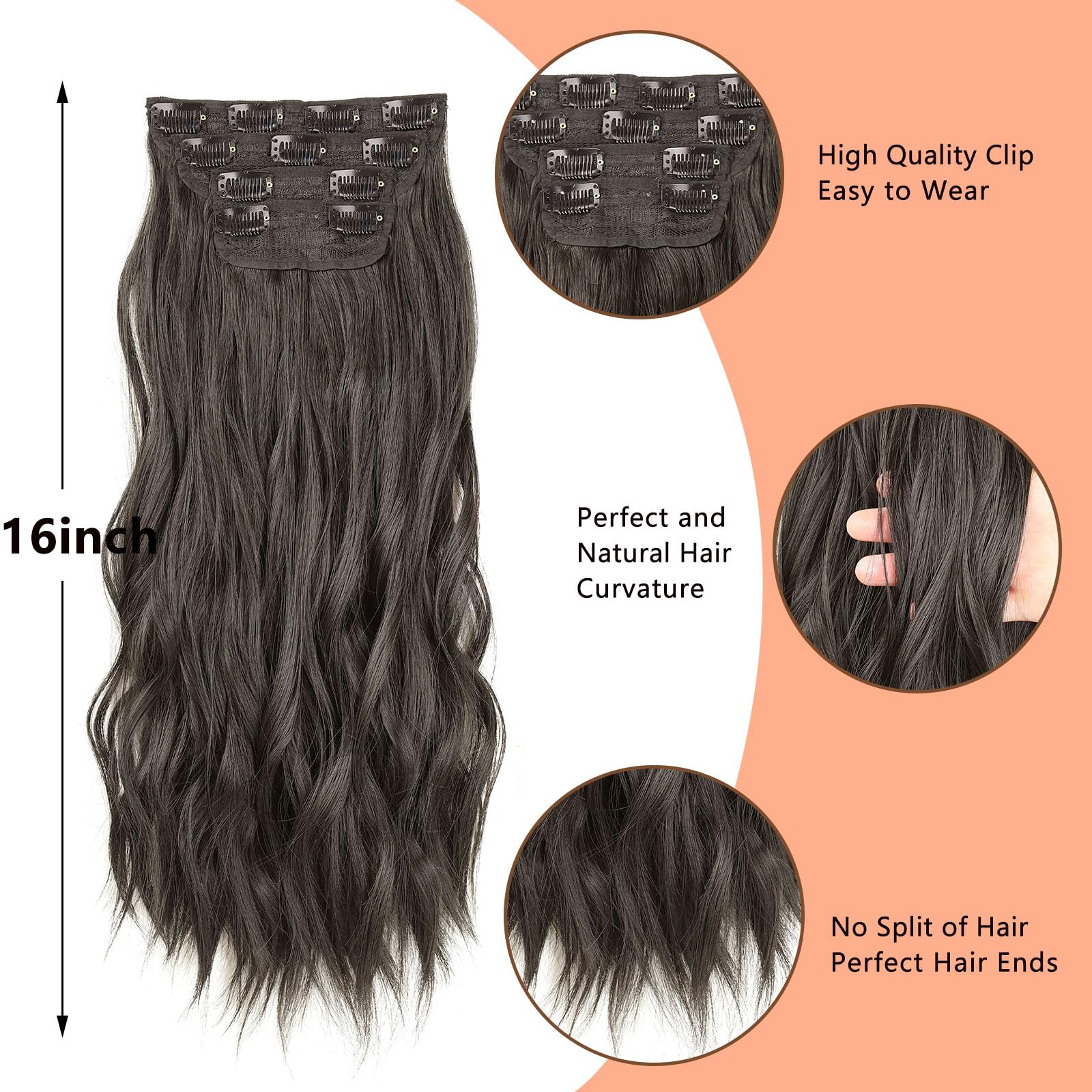 Mscat 16 Inch Wavy Clip in Hair Extensions Dark Brown Synthetic Thick Curly Hair Pieces for Women Girls 4PCS Full Head Set - Image 3