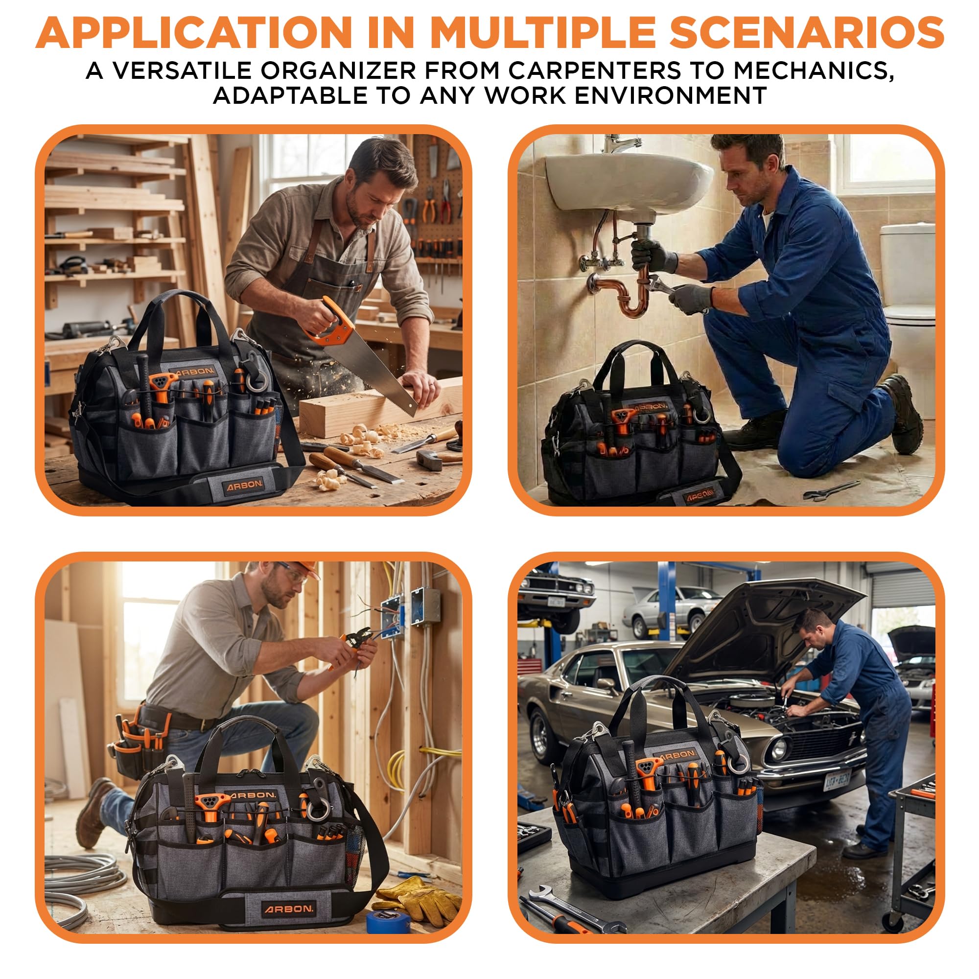 ARBON Bolsa de herramientas resistente con base moldeada: bolsa de herramientas superior de boca abierta bolsas de mano organizador para hombres y mujeres artesano eléctrico Hvac Carpenter y Mechanic