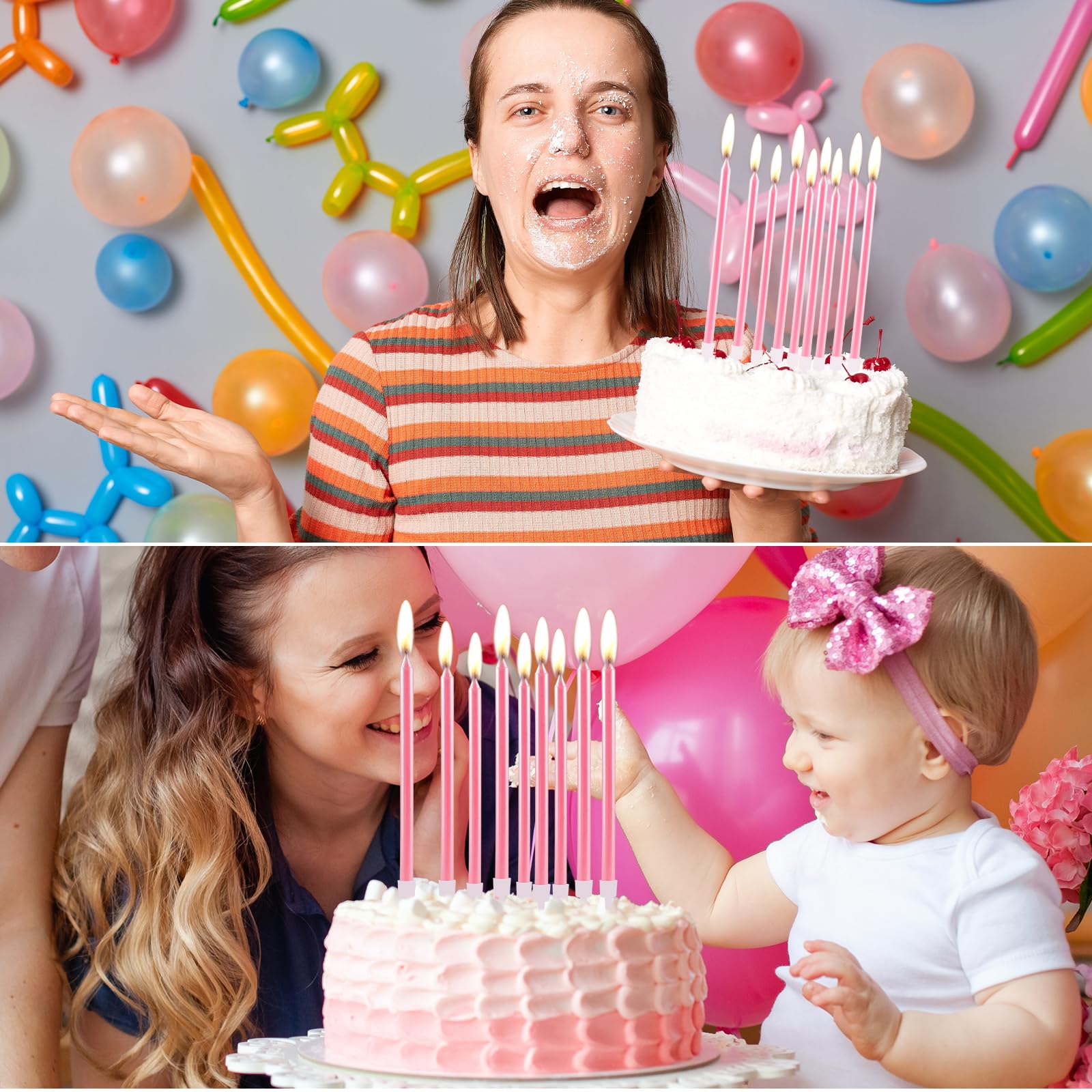 24 velas de cumpleaños rosas para pasteles, 10 cm de alto, metalizadas, delgadas, velas largas para cupcakes, velas finas con soportes para pastel de cumpleaños, baby shower, decoración de fiesta de