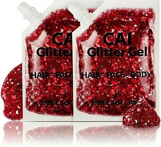 CAI Beauty Holographic Ruby Red Glitter Gel Vegan Cruelty Free Face Body & Hair Glitter for Women Kids 3 Oz Cosmetic Grade Gel No Mess Non-Toxic Easy Apply & Wash Off Parties Concerts Sports 2 Pack