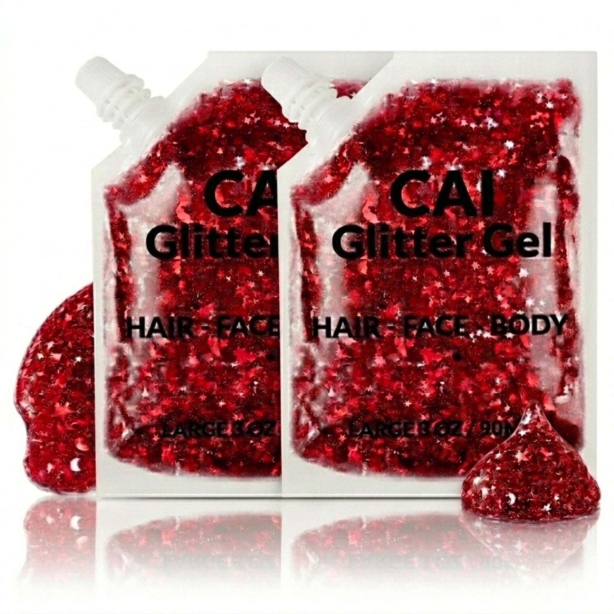 Body Glitter Gel- Face, Body & Hair (2 Pk Red/Red) Chunky Iridescent Holograph Stars & Moon, 6 oz | Cosmetic-Grade Makeup, Apply Without Glue, Easy to Take Off & Keep Skin Clean at Raves