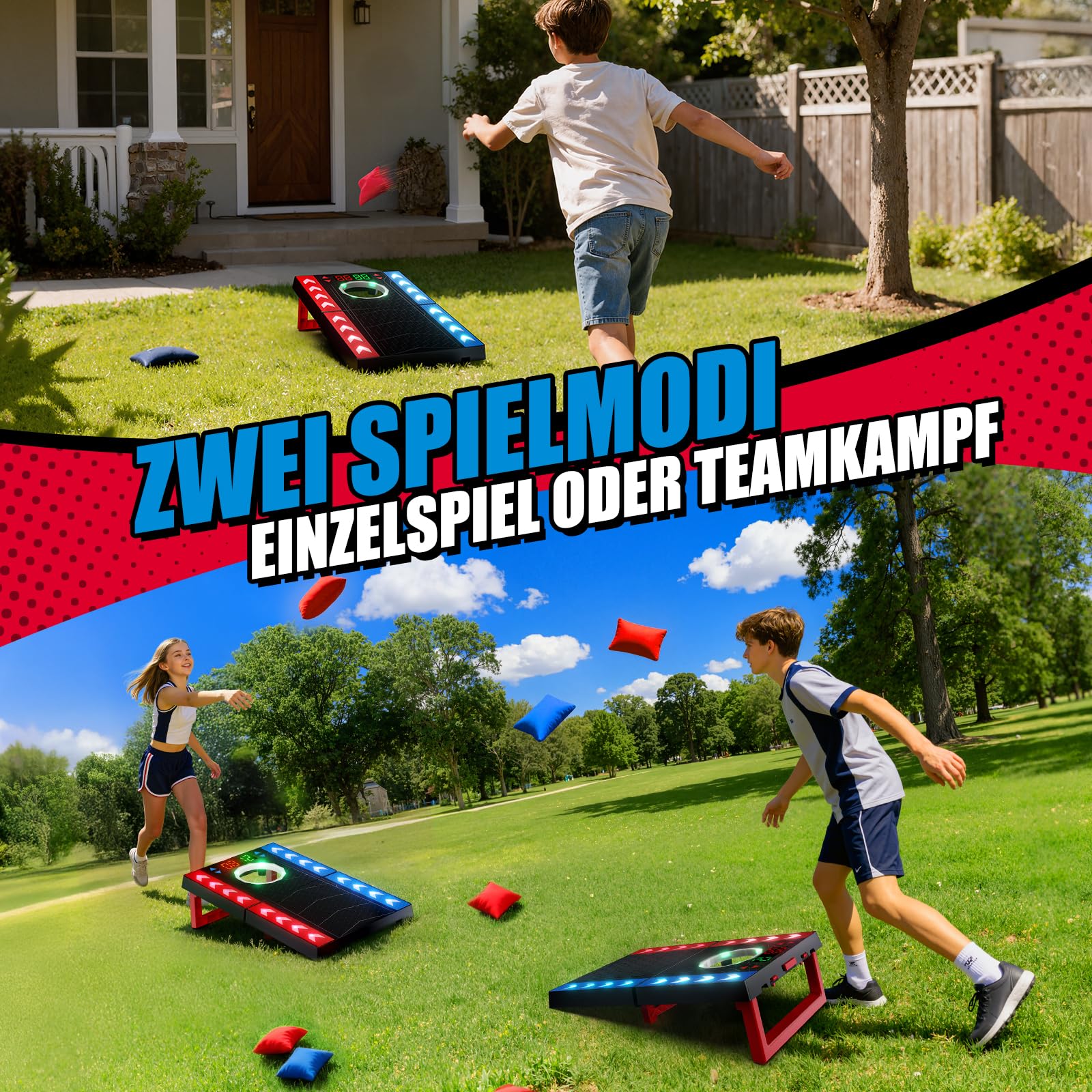 Cornhole Spiel Outdoor, Elektronisches Cornhole Set mit automatischer Punktezählung, LED & Musik, 2 Boards & 8 Säckchen, Sackloch Spiel für Garten, Camping, Kinder ab 8 & Erwachsene