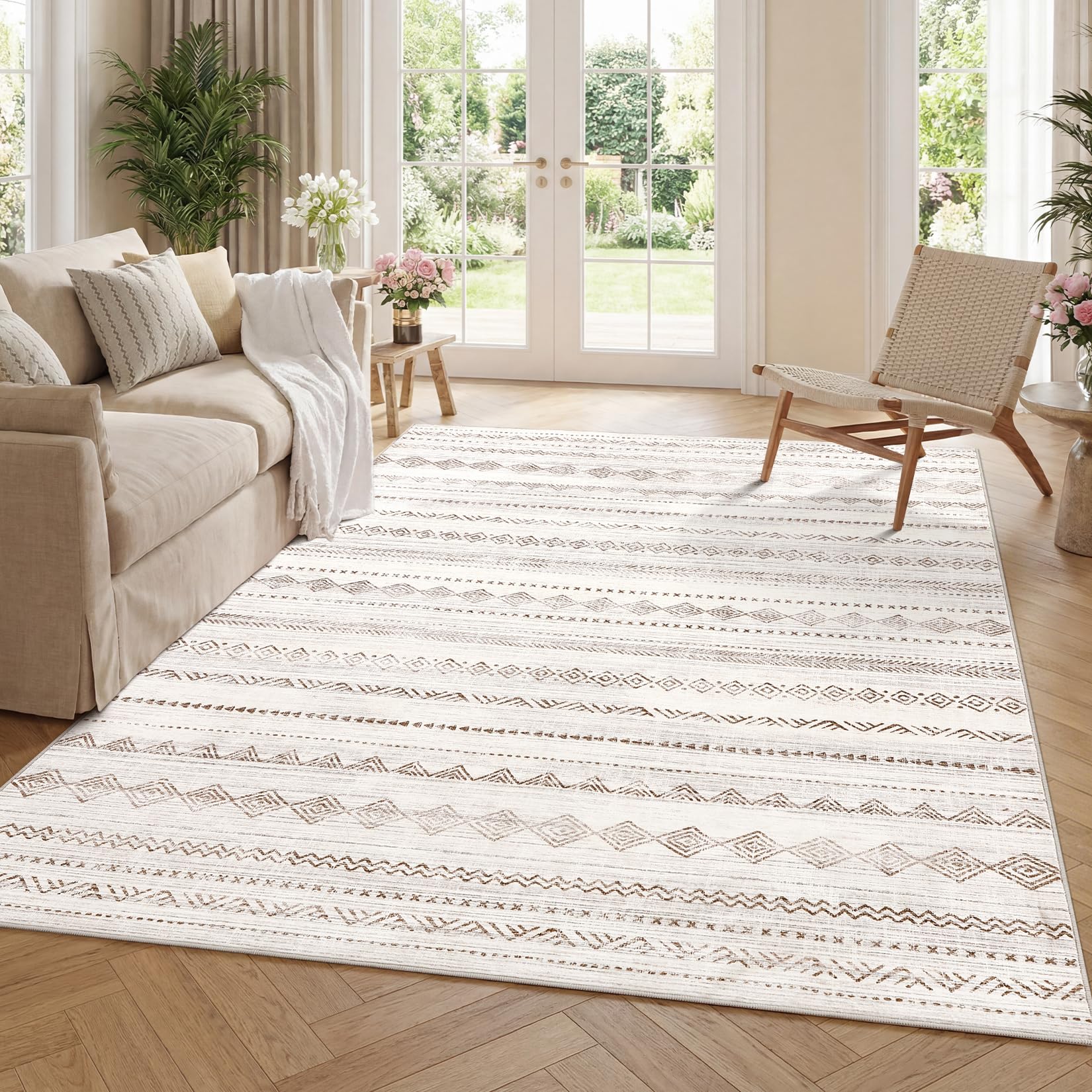 FairyStyle Boho Geometric Striped Camel 160 x 230 cm Washable Large Area Rug, Faux Wool Low-Pile Non-Slip Carpet with TPR Backing for Living Room, Bedroom, Dining Room and Nursery