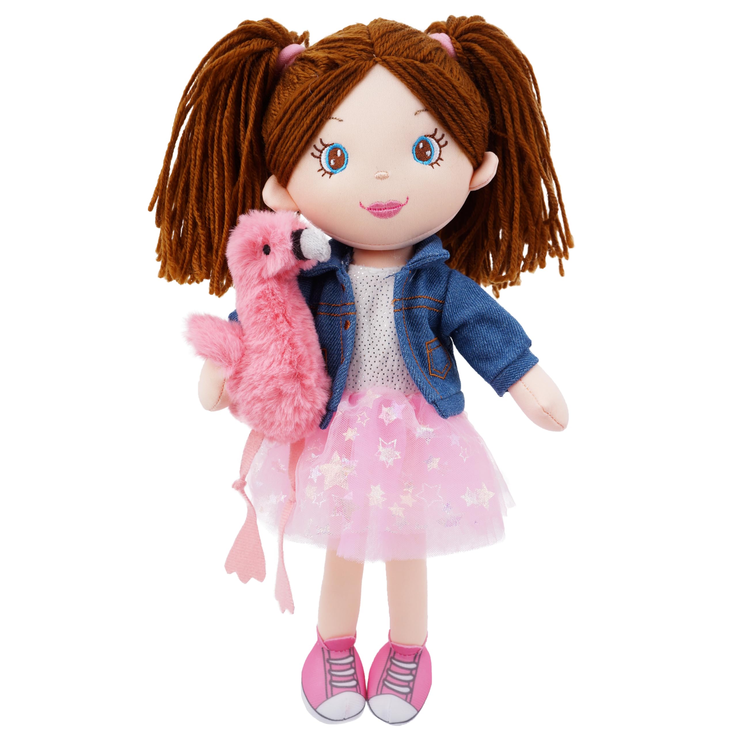 June Garden 15" Playmate Buddies - Plush Doll Mia with Her Stuffed Animal Companion Flamingo Rosie for Kids 1 Year and Up