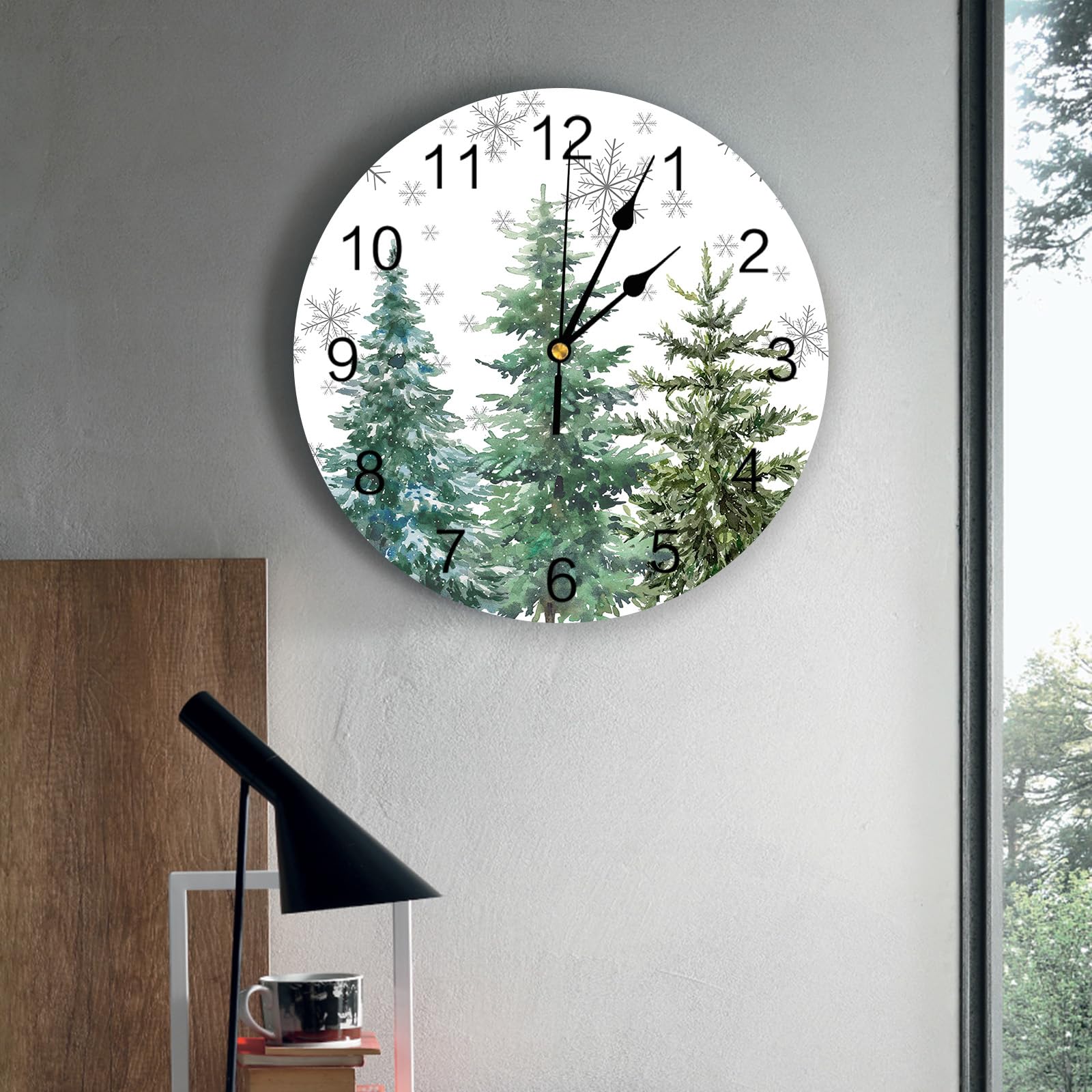 LooPoP Christmas Wall Clock Green Pine Tree Clocks PVC Silent Non-Ticking Battery Operated Gray Snowflake Round Clock for Home Living Room Office Kitchen Bedroom Xmas Holiday Wall Decor 10 Inch