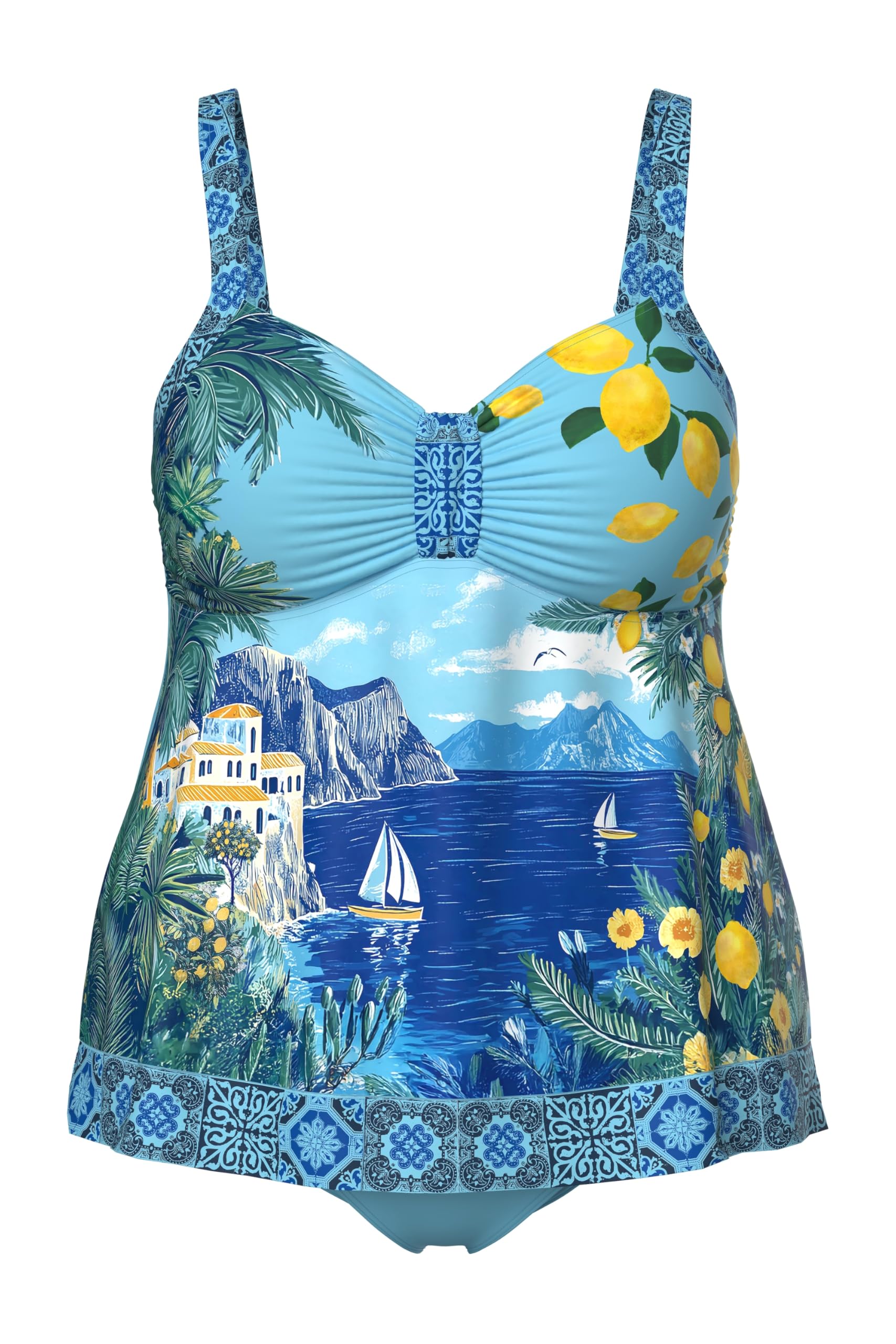 Ulla Popken Femme Grandes Tailles Tankini Motif Vacances au Bord de la mer, Bonnets Souples, Bretelles réglables Saphir Clair 58 847199713-56