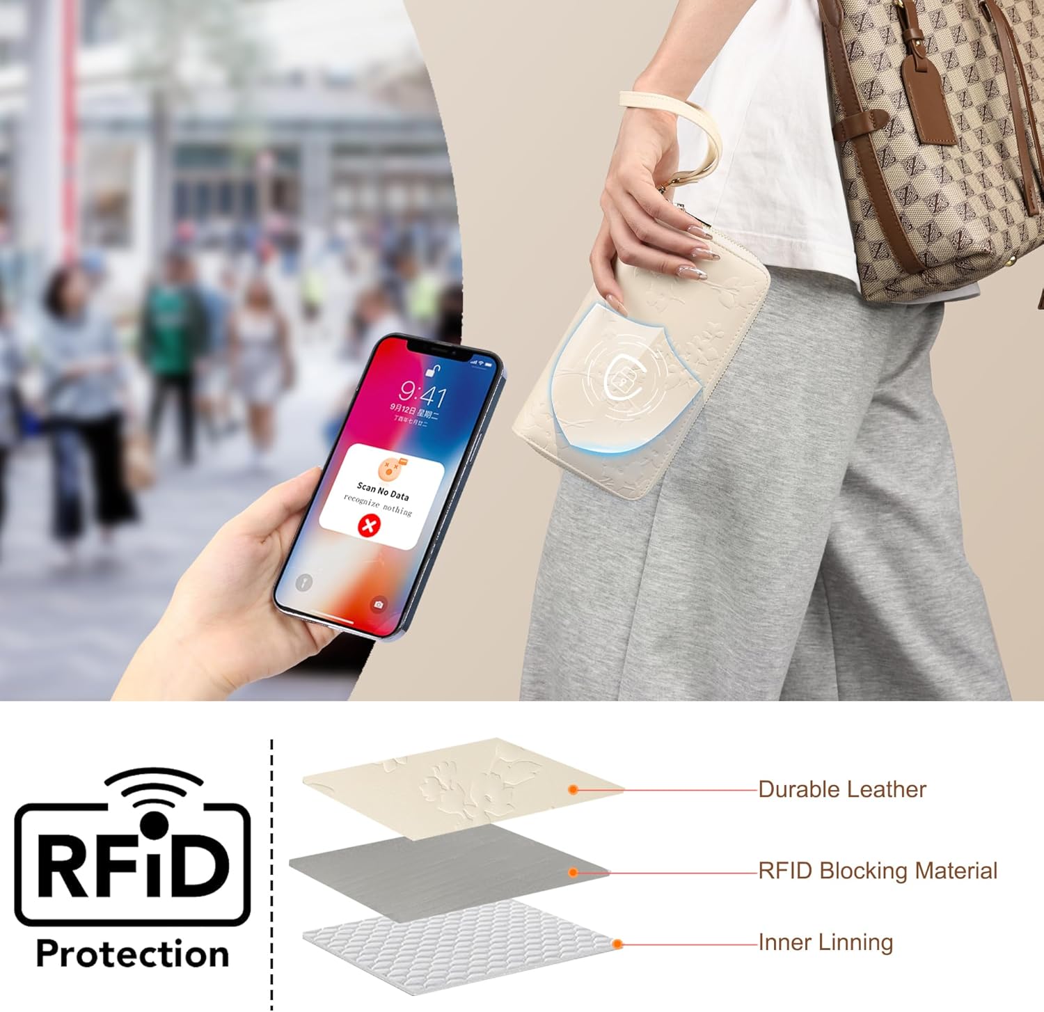 Womens Wallet RFID Blocking Large Capacity Leather Double Zip Wristlet Wallet Credit Card Phone Holder Ladies Clutch Purse Flora - Image 6