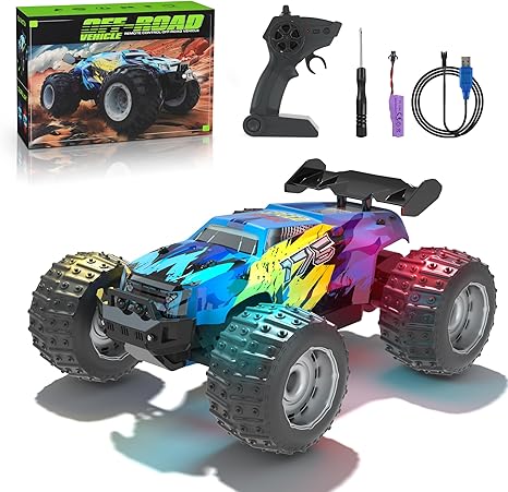 Remote Control Car with Cool Body Lights, 2.4GHz Anti-Interference Monster Truck, 30+ Minutes Long Running, Perfect Christmas and Birthday Gifts for Boys