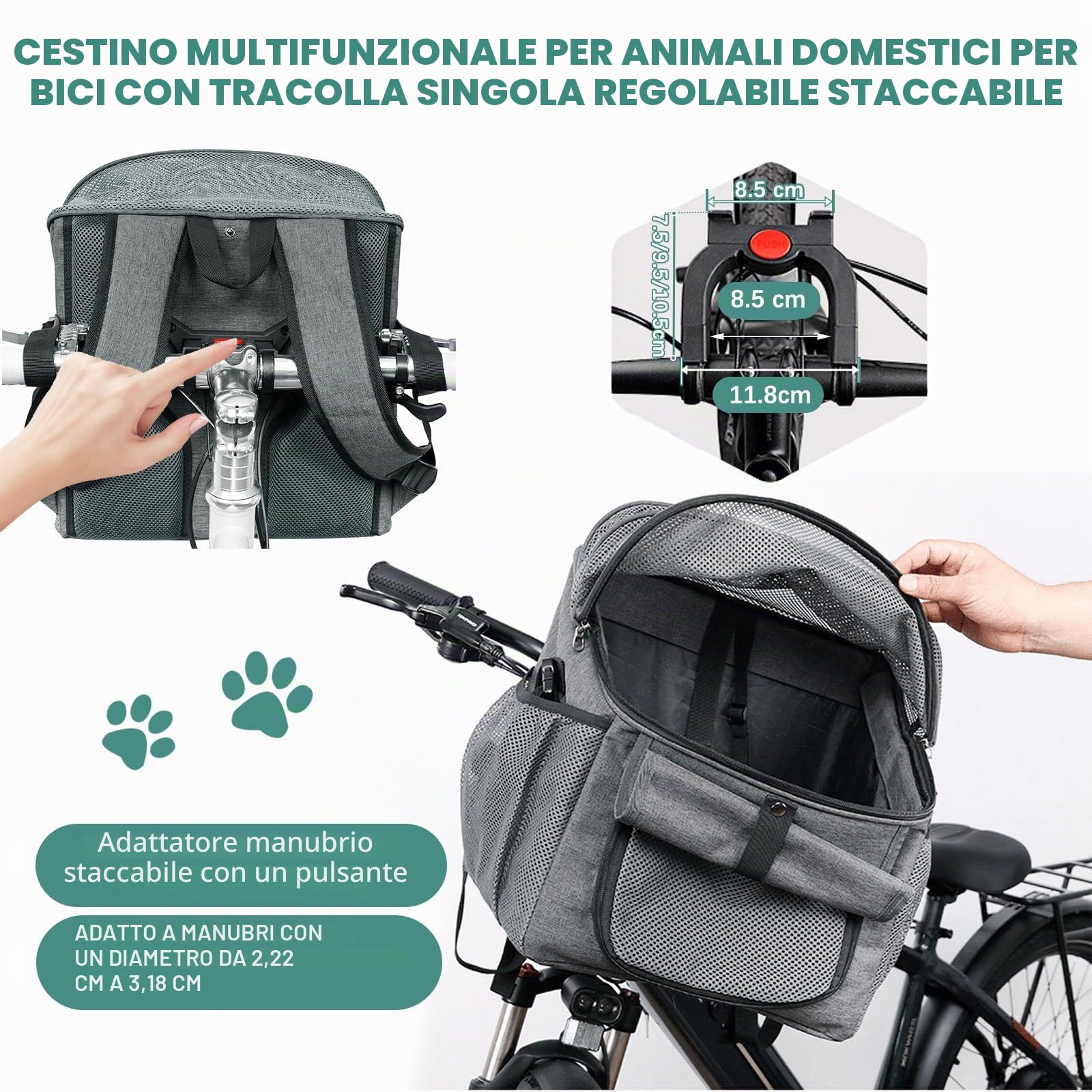 Cestino Bici anteriore, Cestino Bici Per Cani, Cestino Anteriore per Biciclettaper Animali, Anteriore per Bici Borsa a Mano con adattatore per manubrio, Pieghevole e Staccabile Cestino Multiuso