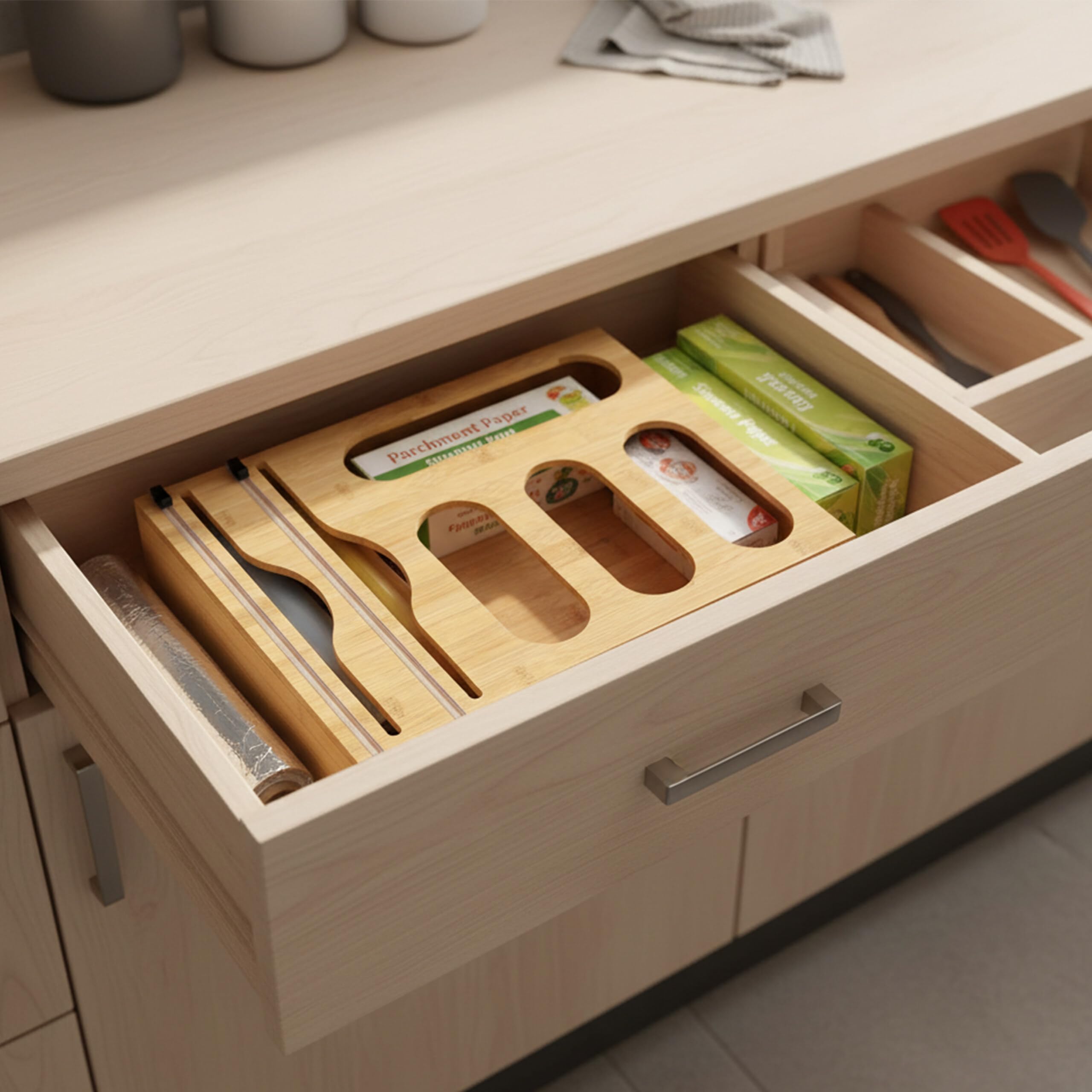 Relaxdays Distributeur 6 en 1 Films Alimentaires, alu, Sacs congélation, Bambou, Mural/tiroir, 43,5x33,5x7,5 cm, Naturel