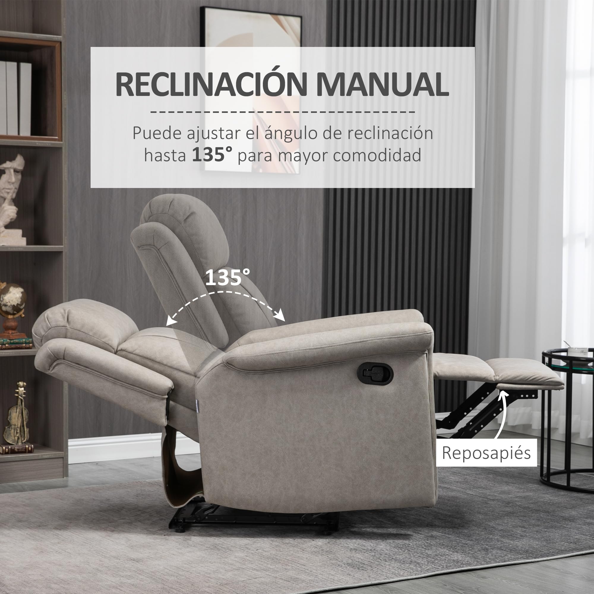 HOMCOM Sillón Relax Reclinable Manual, Sillón Relax de Tela con Reposabrazos, Reposapiés, Respaldo Alto, Acolchado Grueso, Butaca Reclinable hasta 135º para Salón, Dormitorio, Oficina, Gris
