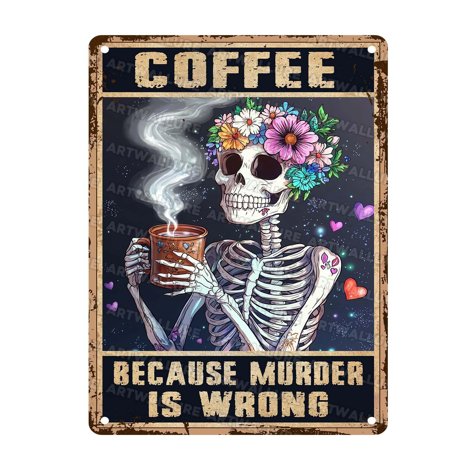 Skull Coffee Vintage Metal Tin Sign Gothic Retro Wall Decor for Coffee Shop Cafe Bar Kitchen Home Metal Plaque 12x16Inch