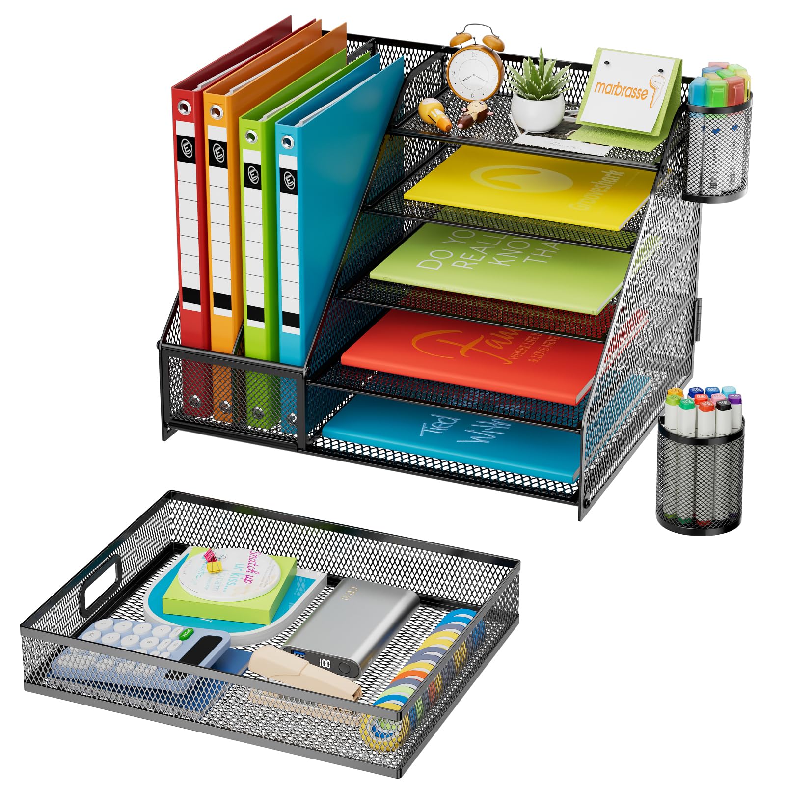 Marbrasse Schreibtisch Organizer,5 Ebenen Papier-Briefablage mit Schublade und 2 Stifthalter,Netz-Schreibtisch-Organizer, Aufbewahrung für Heimbürobedarf(Einseitiger Buchständer)
