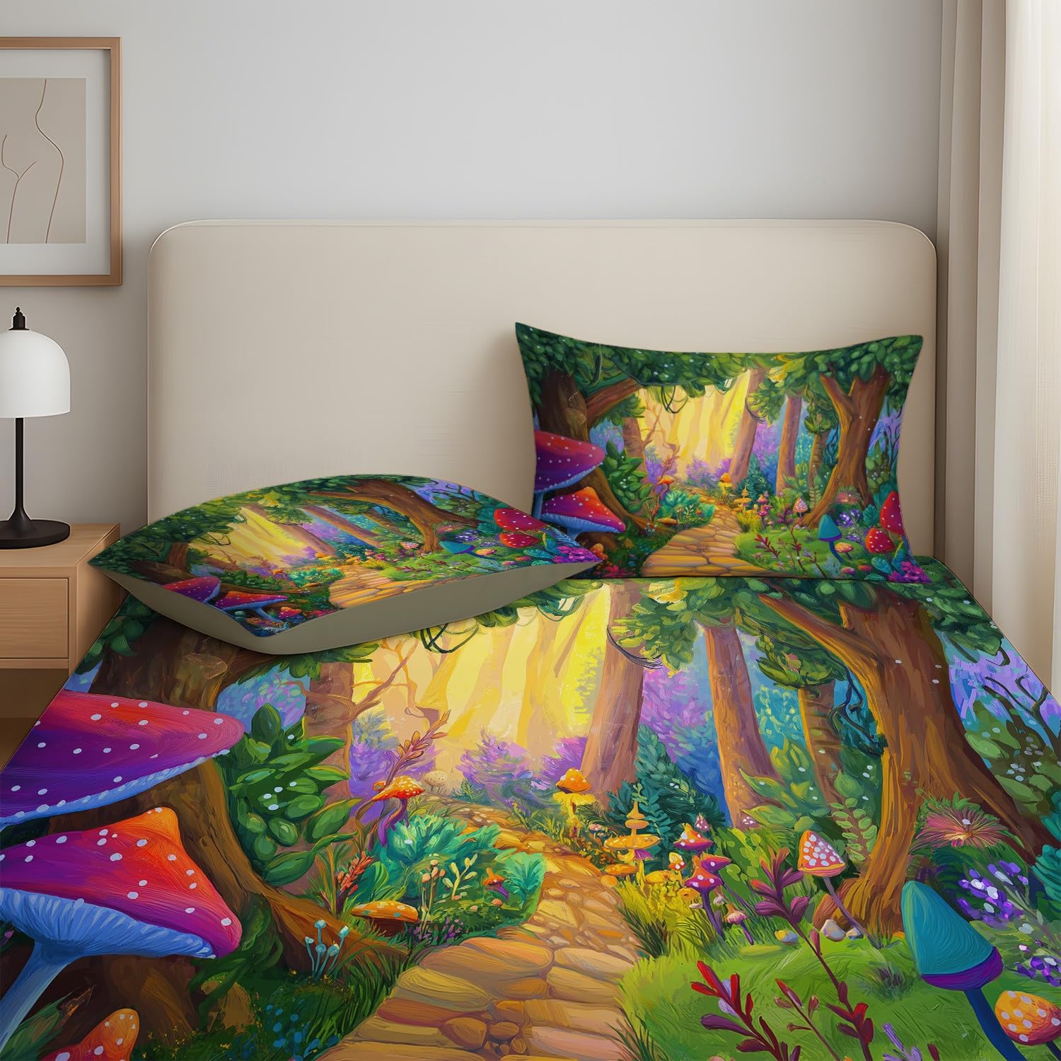 Cartoon Wald Spannbetttuch Märchenhaft Weg Pilz Bäume Spannbettlaken 200 x 200 x 30 cm 3teilig Mikrofaser Bettwäsche Set mit 2 Kissenbezüge 80 x 80 cm Kein Flachbettlaken