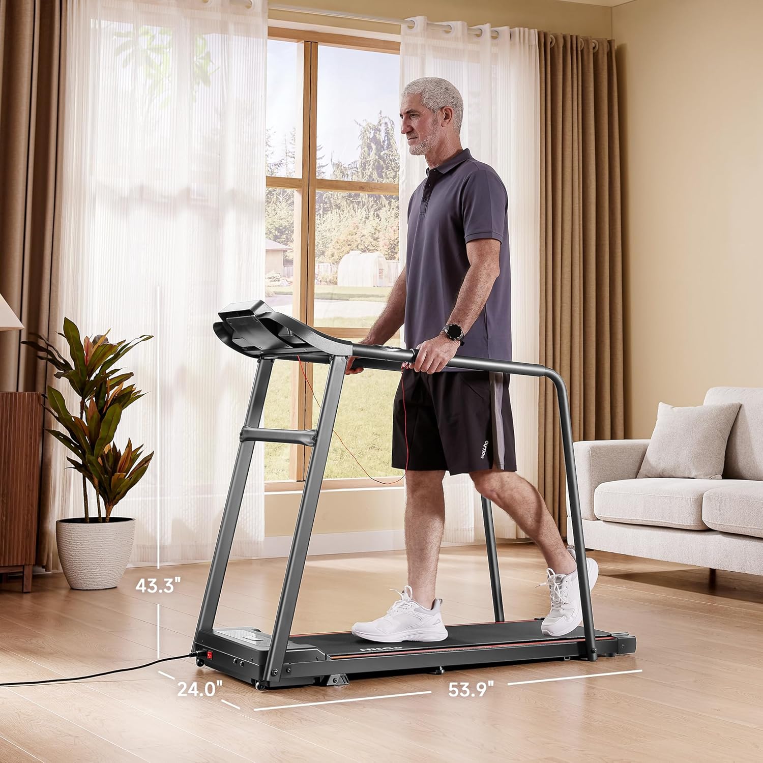 HitGo Walking Pad with Handrails for Seniors,43.3" Extra Long Running Belt,265 lbs Capacity,4% Incline,Quiet Under Desk Treadmill for Home Office & Recovery,Heart Rate Sensor & Smart App Support,Black