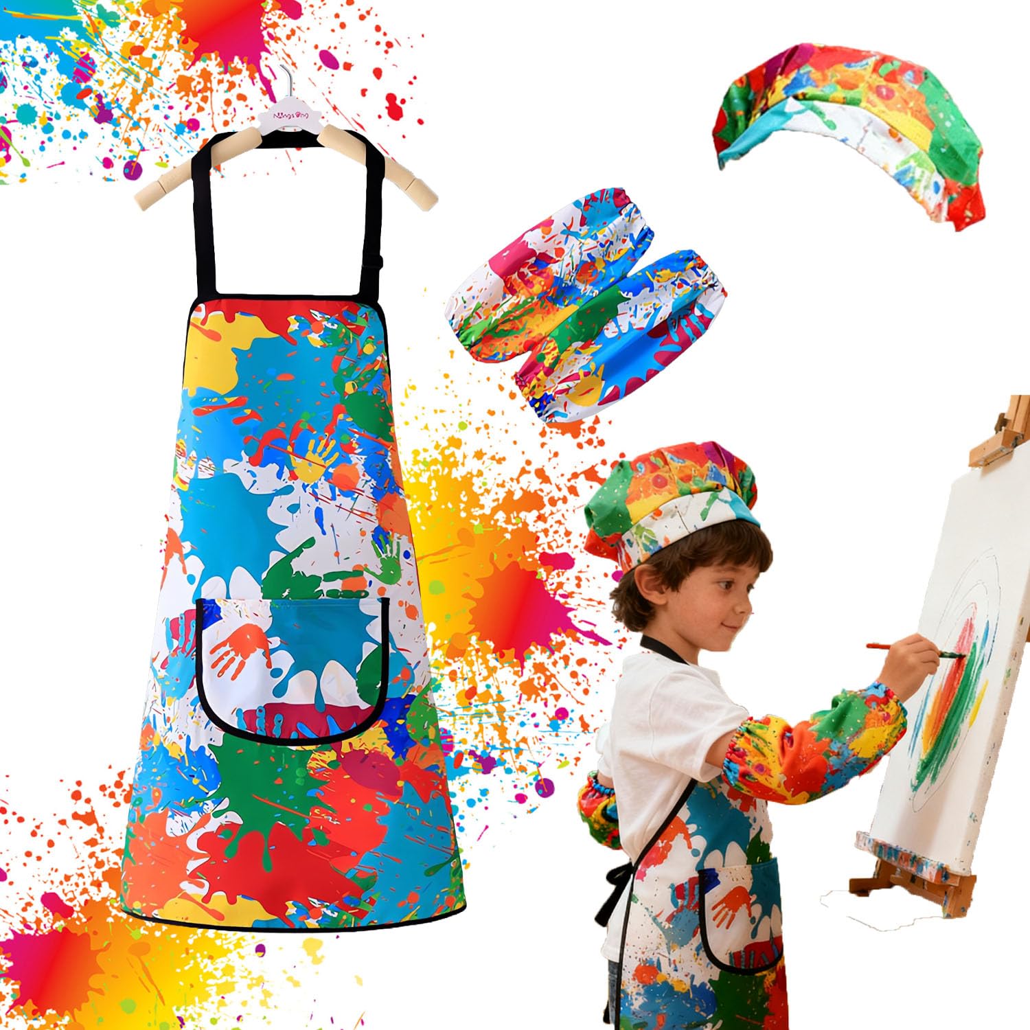 Ptyism Kids Painting Smocks(With a Hat and Sleeve Cover) Kids Painting Aprons,Kids Painting Smock丨Paint Aprons for Children for Painting Cooking