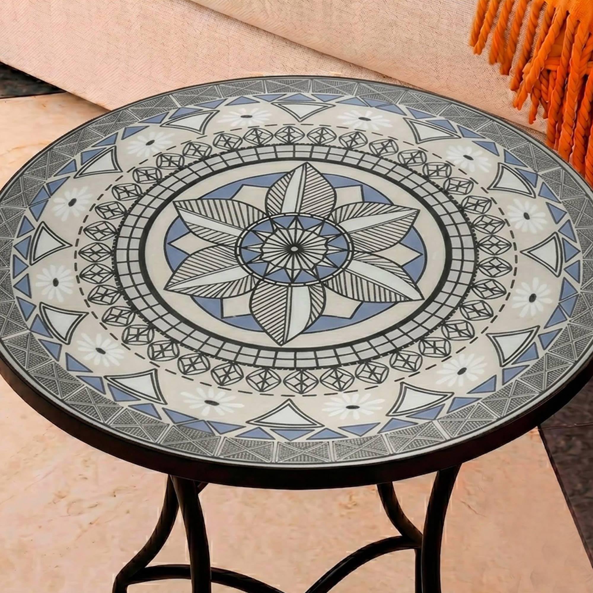 Mesa Auxiliar de Patio de Mosaico Redonda - Mesa de Café para Jardín y Terraza con Patas de Hierro Forjado Antióxido, Mesa Pequeña Decorativa para Exterior e Interior, Ø60x71, Modelo Santiago