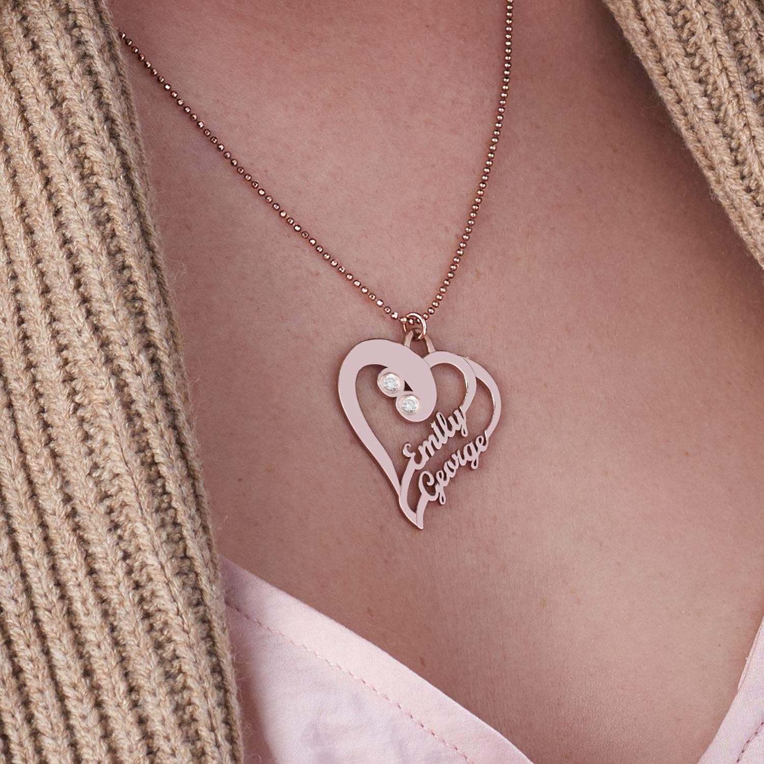MYKA - Personalized Custom Two Hearts Forever One Necklace with Diamond in Sterling Silver 925 or Gold Plating - Custom Jewelry Gift for Her