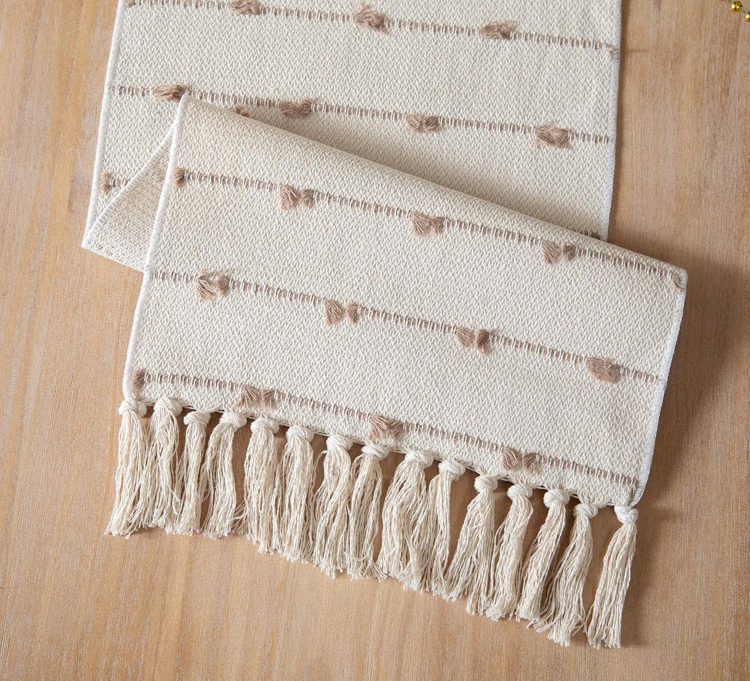 ALSTONIA Luxurious 100% Natural Pure Cotton Handmade Heat Resistant Table Runner with Tassels for 6 Seater Dining Table Self Designer Pattern -Pack of 1 (Beige & White,14"x72") 4