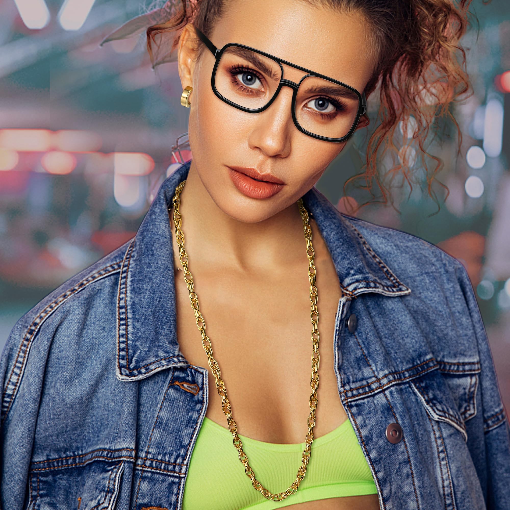 Diamday 80s 90s Kit de Costume Hip Hop Fausse Chaîne d'argent en Or Lunettes de Soleil Rapper Punk Boucles d'oreilles en Or Bracelets Chian Deguisement Annee 80 Homme