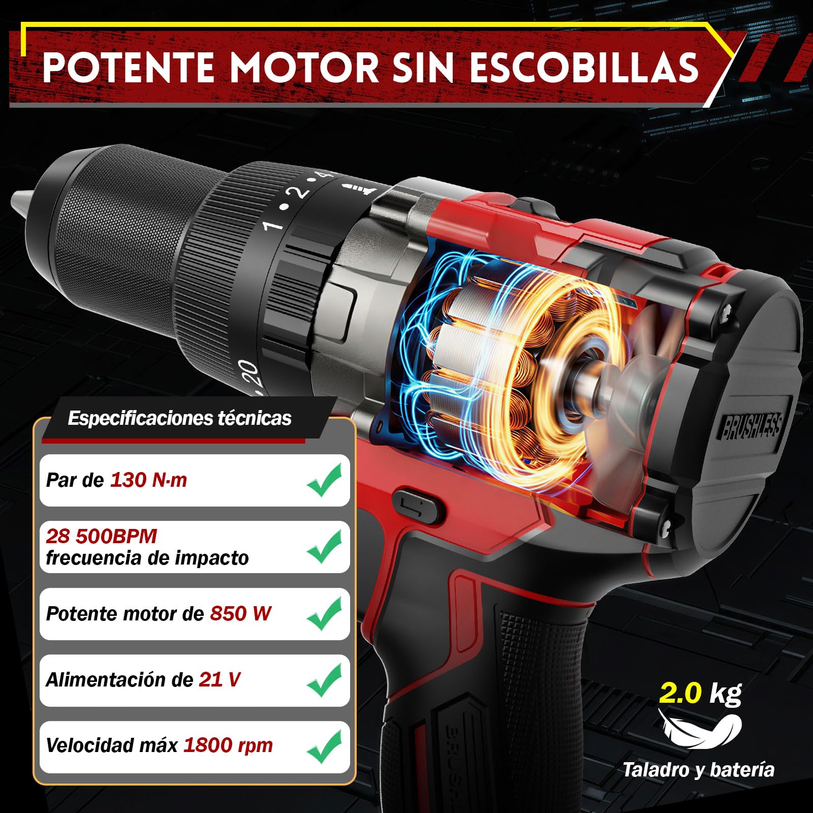 130Nm Taladro Percutor a Bateria - 21V Brushless Taladro Atornillador Batería 4,0Ah, 850W, 20+3 Ajustes de Par, Mandril Todo Metal de 13mm, 2 Velocidades, Luz LED Para Hogar, Bricolaje