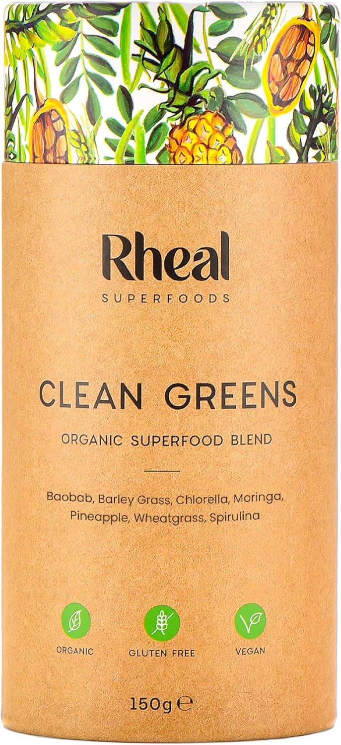 Rheal Clean Greens, 150g (30 Servings), Organic Greens Powder with Baobab & Freeze-Dried Pineapple, Supports Immunity, Digestion & Energy, No Sweeteners or Artificial Flavours