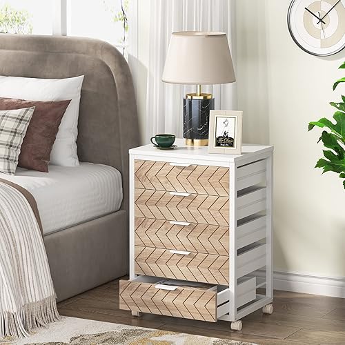 Miniatura 5 de Tribesigns Cómoda de 5 cajones, armario de almacenamiento de madera con ruedas, carrito organizador de cajones de almacenamiento industrial para