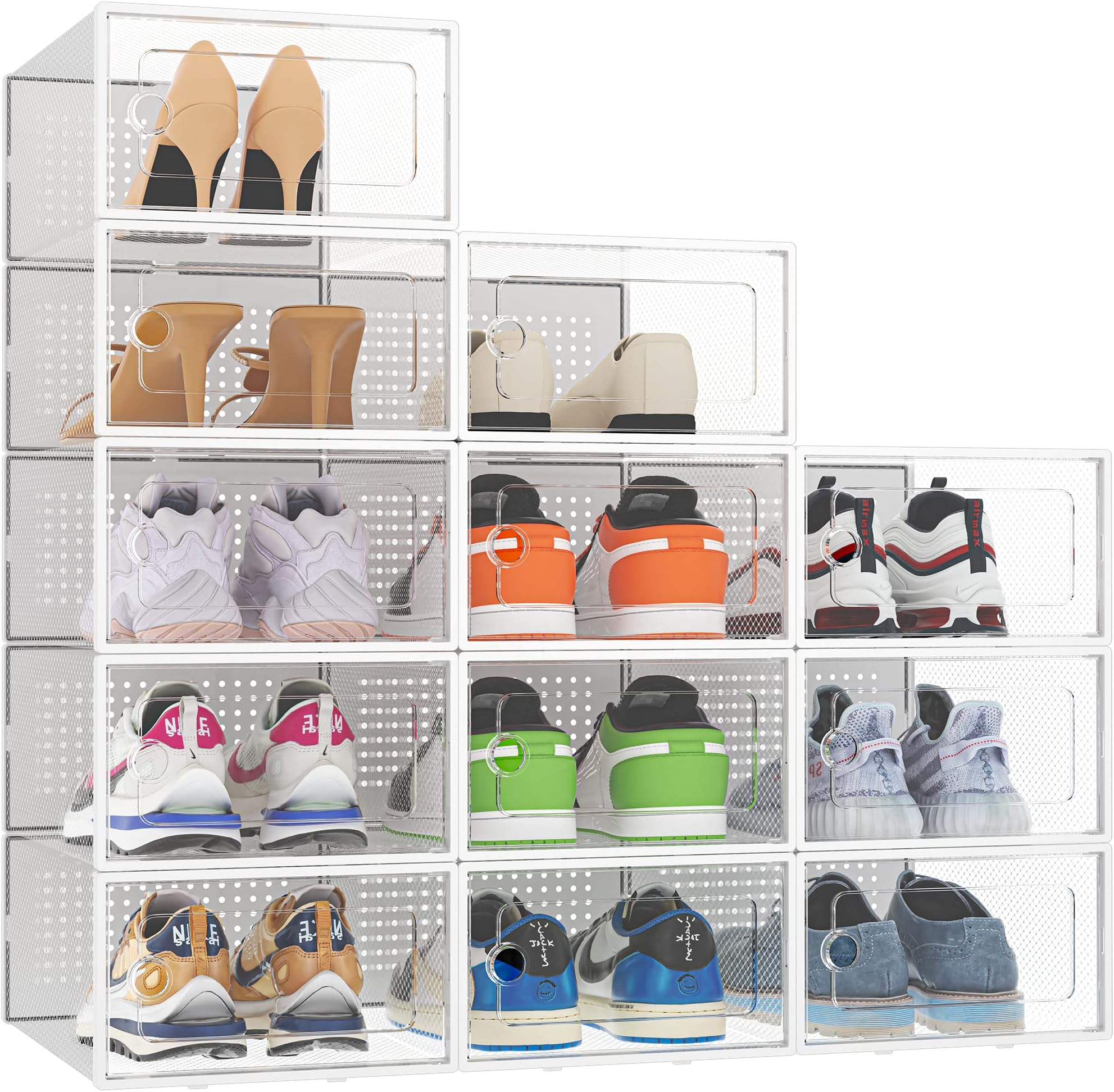 HOMIDEC 12 Pack Shoe Storage Box, Clear Plastic Stackable Sneaker Box, Shoe Organizer for Closet Under Bed Entryway(White)