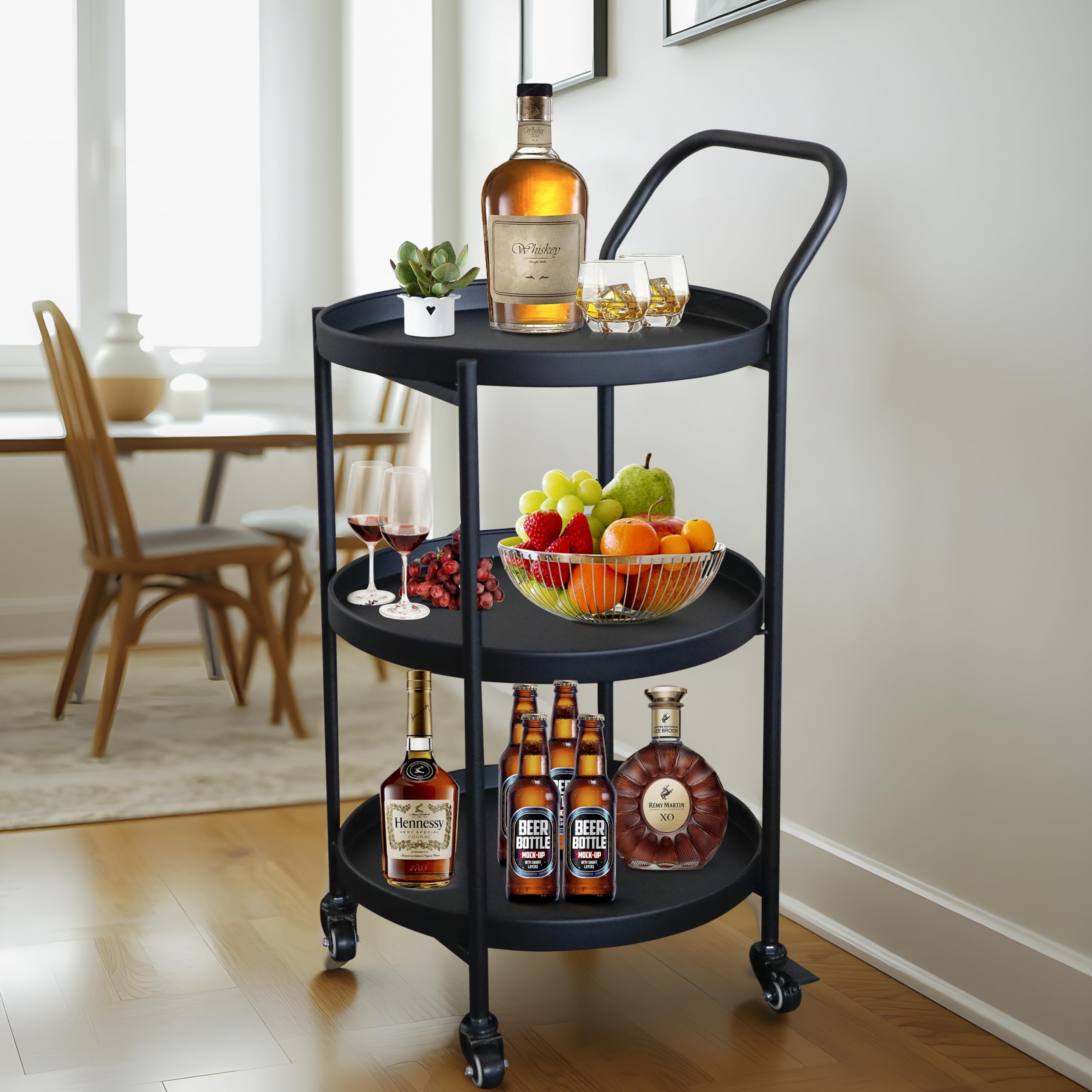 TRIROCKS Elegante Carro Bar Redondo de 78 cm de Alto, 3 Niveles Metálico con Ruedas, Carrito de Servicio para Cocina y Entretenimiento (Negro)