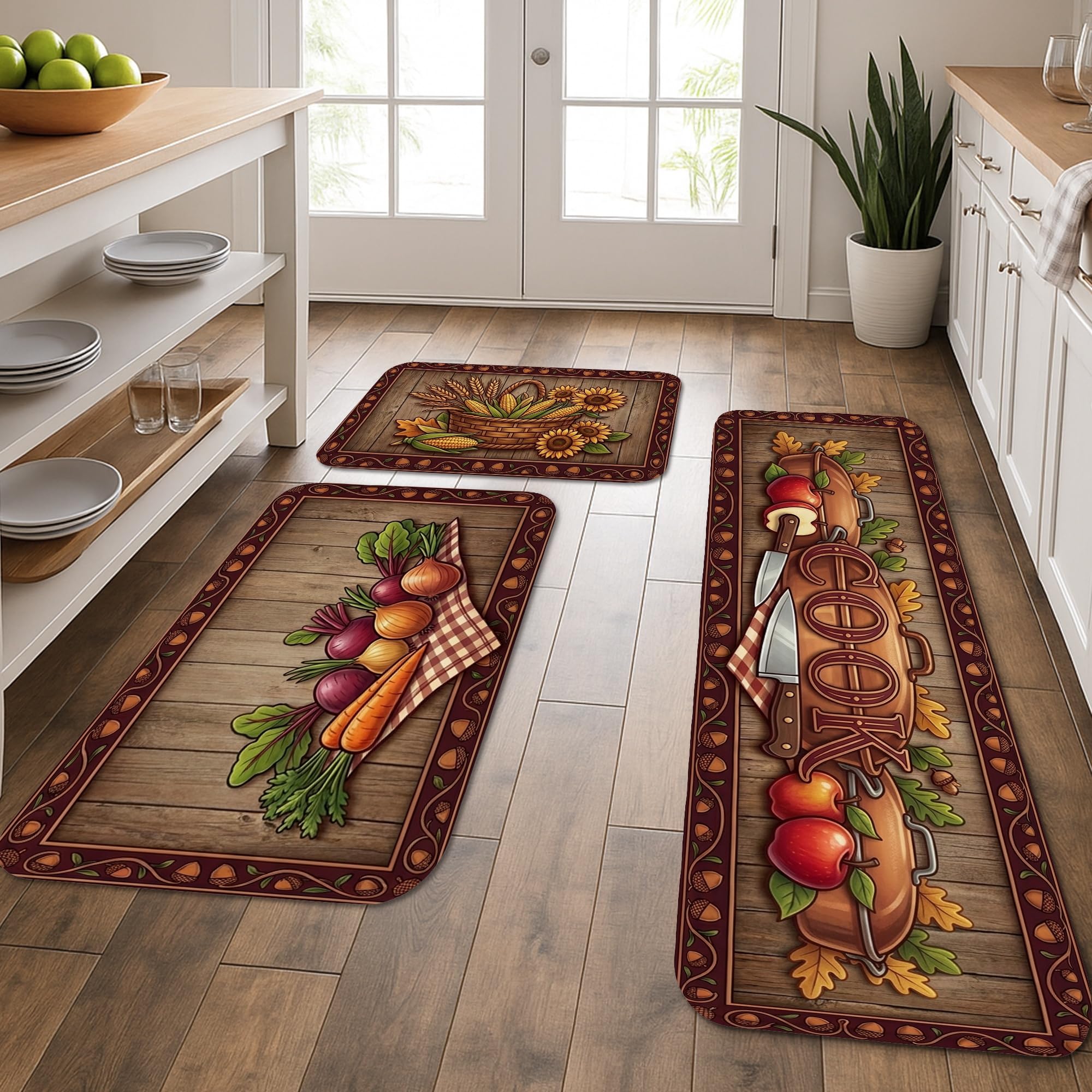 Tapis de cuisine rustiques pour évier et buanderie lot de 3 marron automne