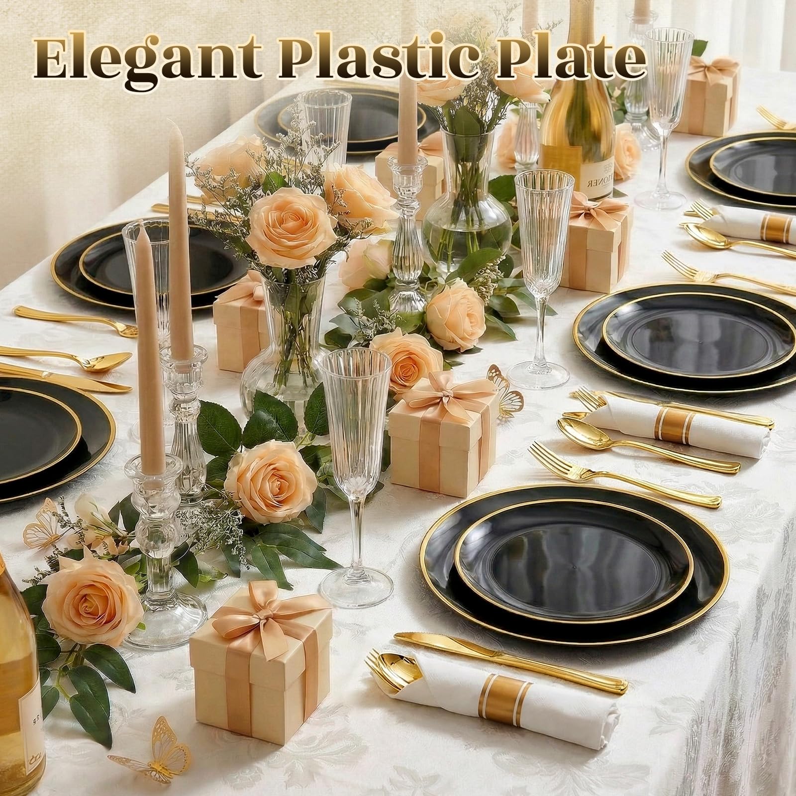 Black Gold Dinnerware Set - 25 Guest Party Plates -4